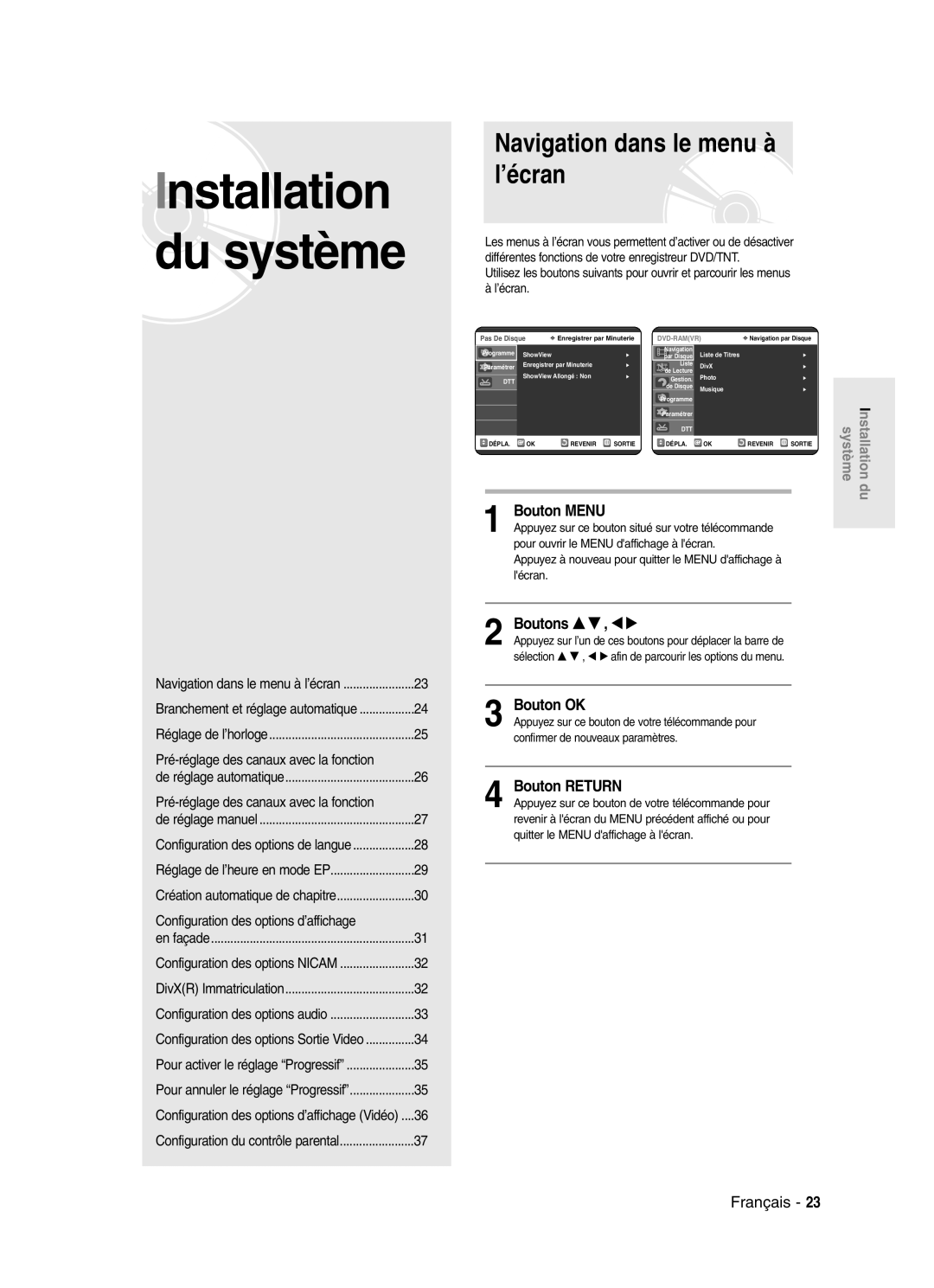 Samsung DVD-SR420/XEF manual Navigation dans le menu à l’écran, Bouton Menu, Bouton OK, Boutons … † , œ √ 