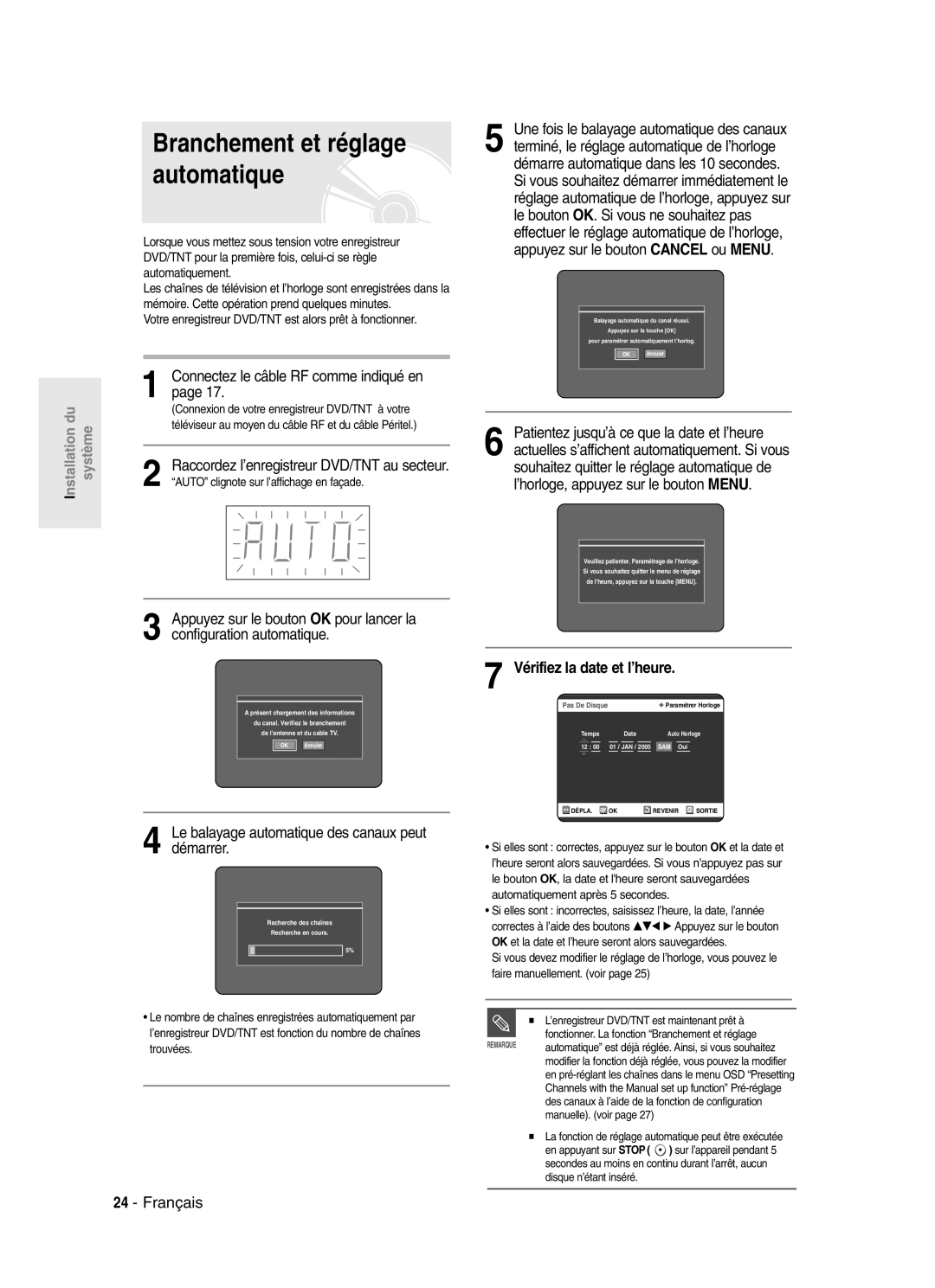 Samsung DVD-SR420/XEF manual Branchement et réglage automatique, Connectez le câble RF comme indiqué en 