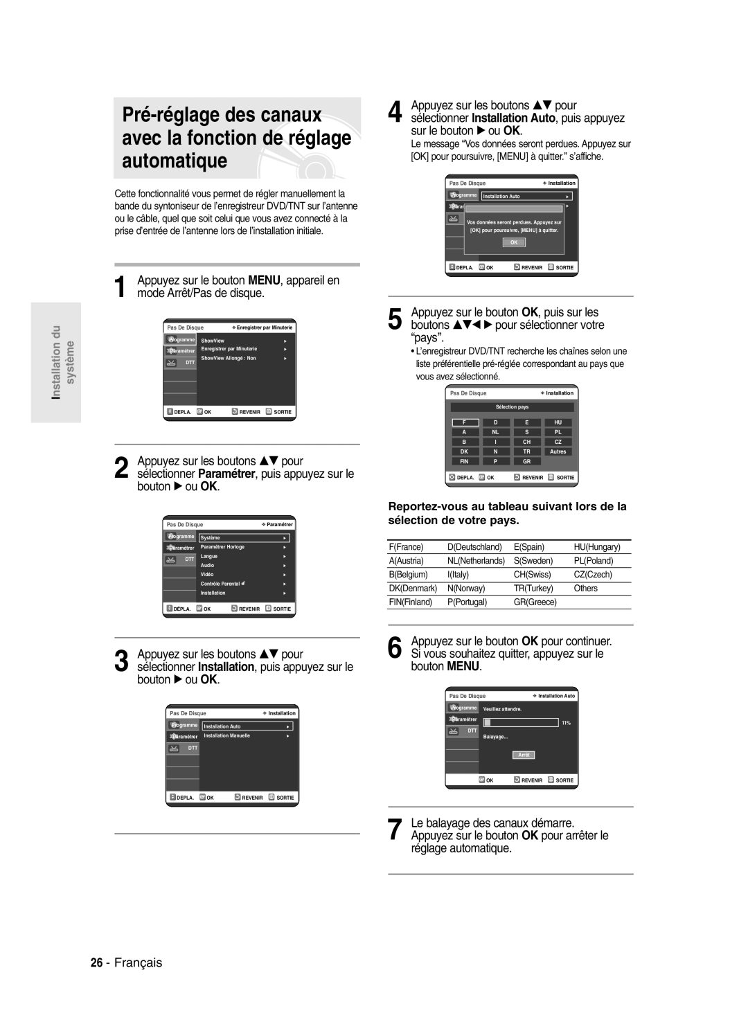 Samsung DVD-SR420/XEF manual Mode Arrêt/Pas de disque, FFrance DDeutschland ESpain HUHungary AAustria 