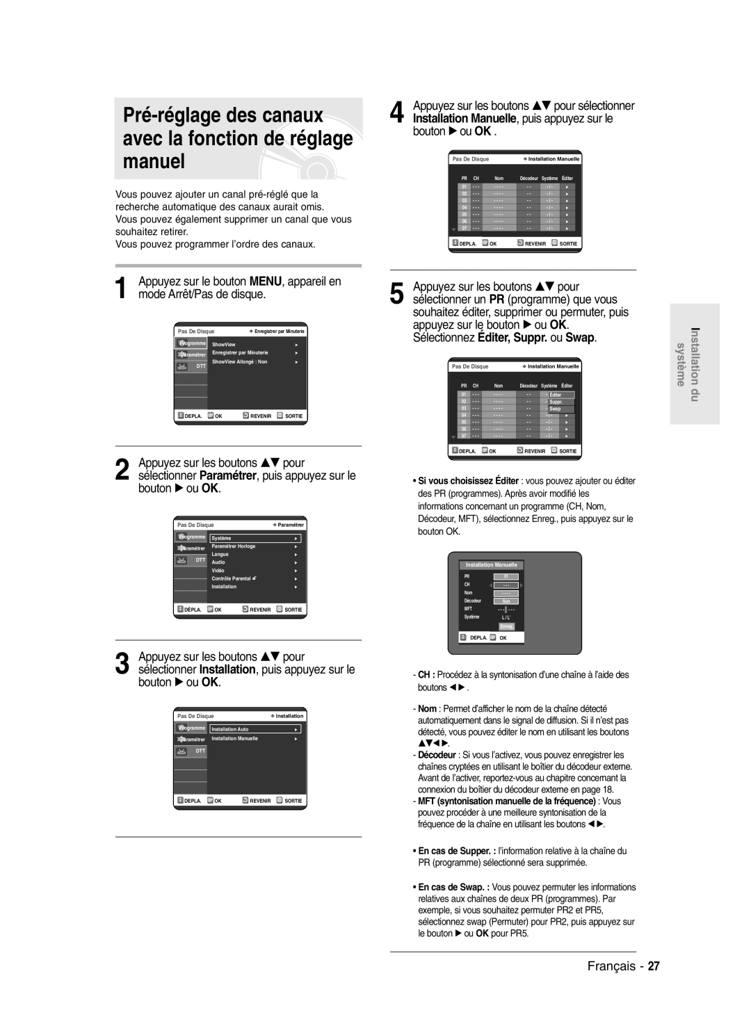 Samsung DVD-SR420/XEF manual Pré-réglage des canaux avec la fonction de réglage manuel, Bouton √ ou OK 