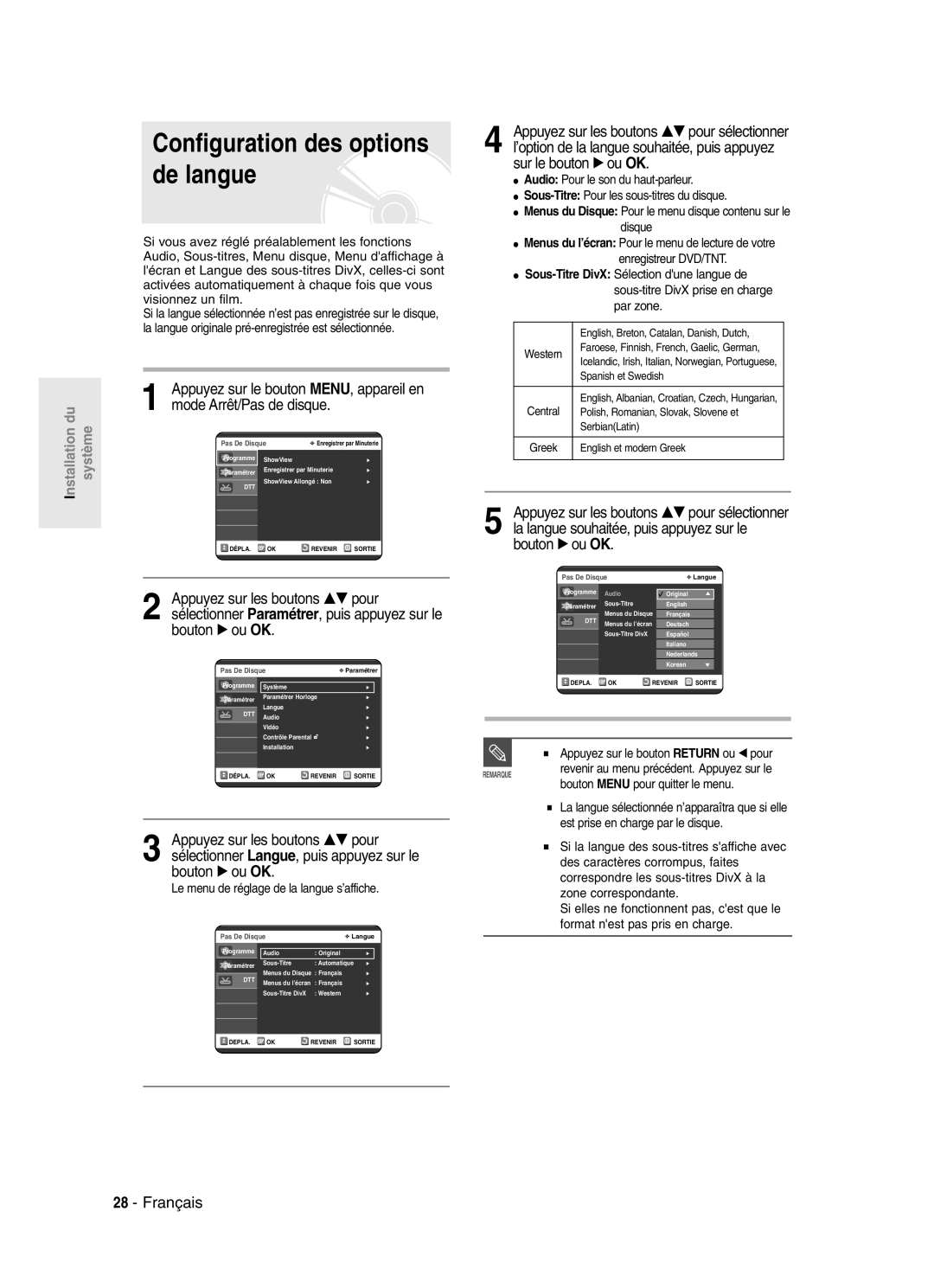 Samsung DVD-SR420/XEF manual Configuration des options de langue, Bouton √ ou OK, Le menu de réglage de la langue s’affiche 