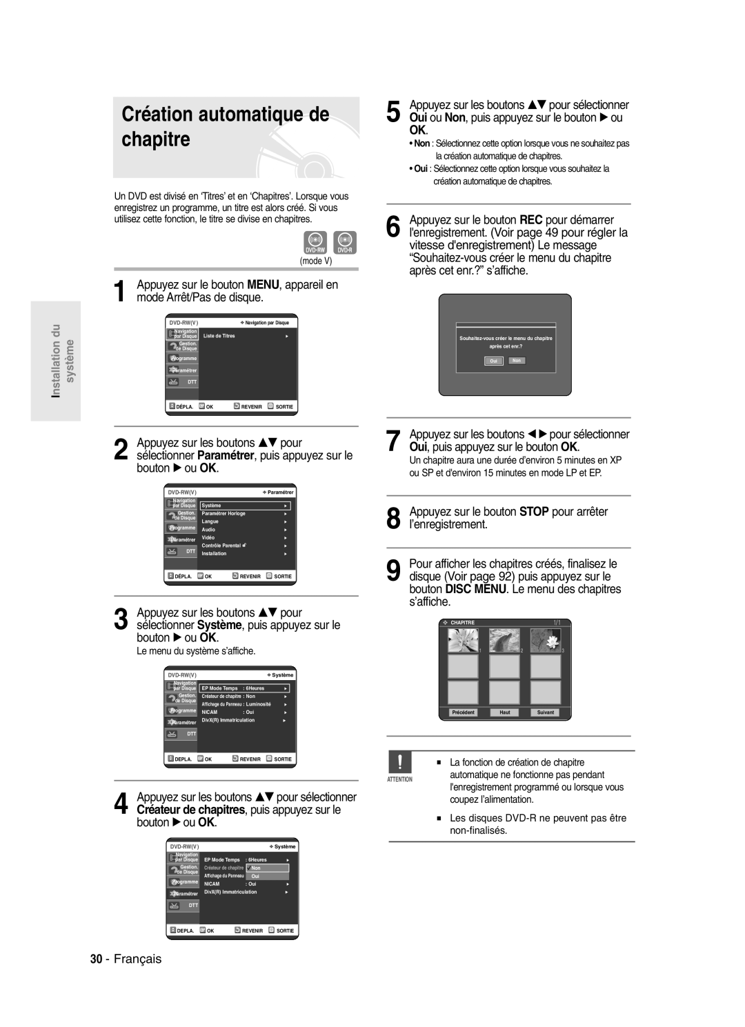 Samsung DVD-SR420/XEF manual Chapitre, Mode Arrêt/Pas de disque, Appuyez sur les boutons …† pour 