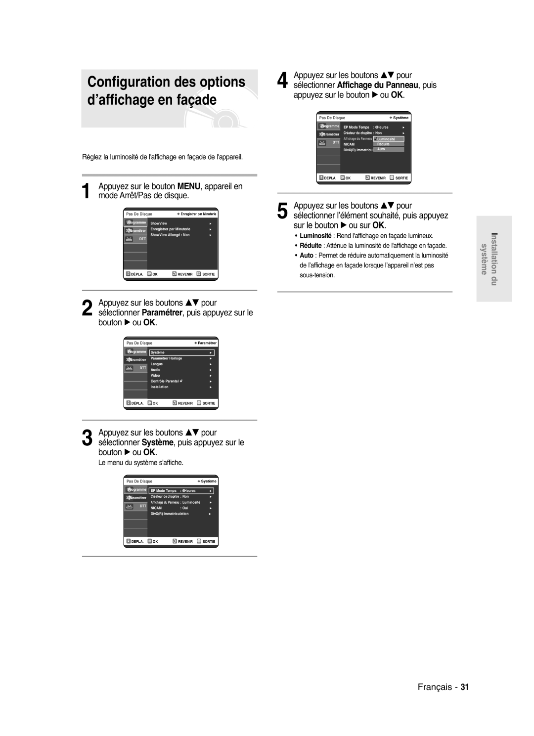 Samsung DVD-SR420/XEF manual Configuration des options d’affichage en façade 