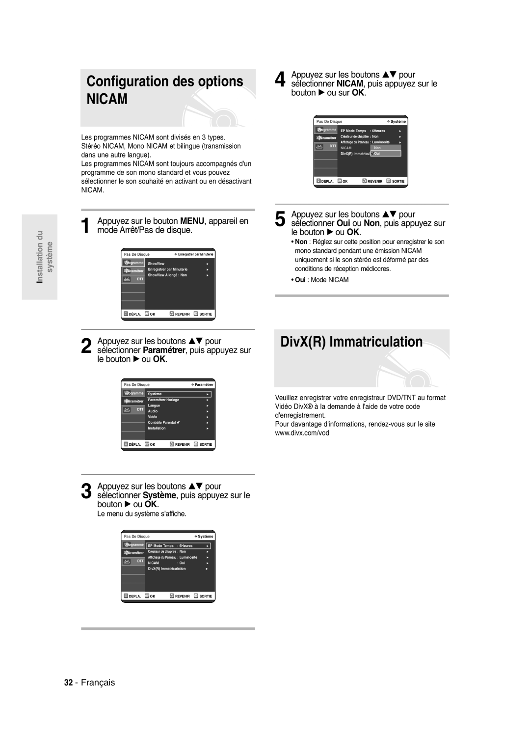 Samsung DVD-SR420/XEF manual Configuration des options, DivXR Immatriculation 