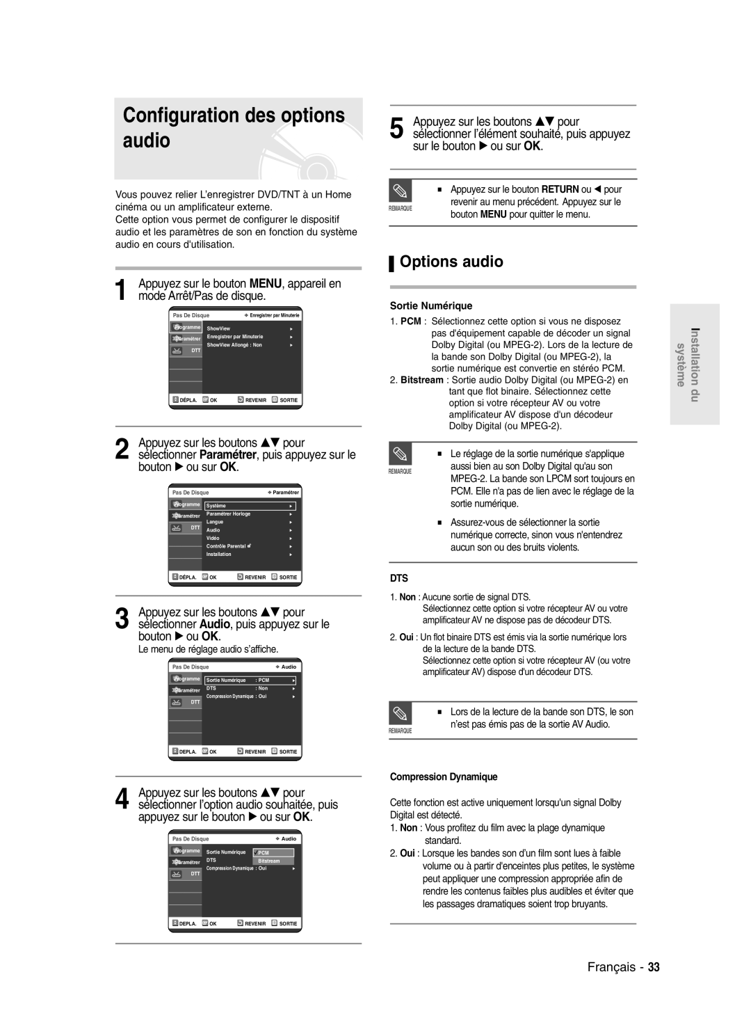 Samsung DVD-SR420/XEF manual Configuration des options audio, Options audio, Bouton √ ou sur OK, Sortie Numérique 