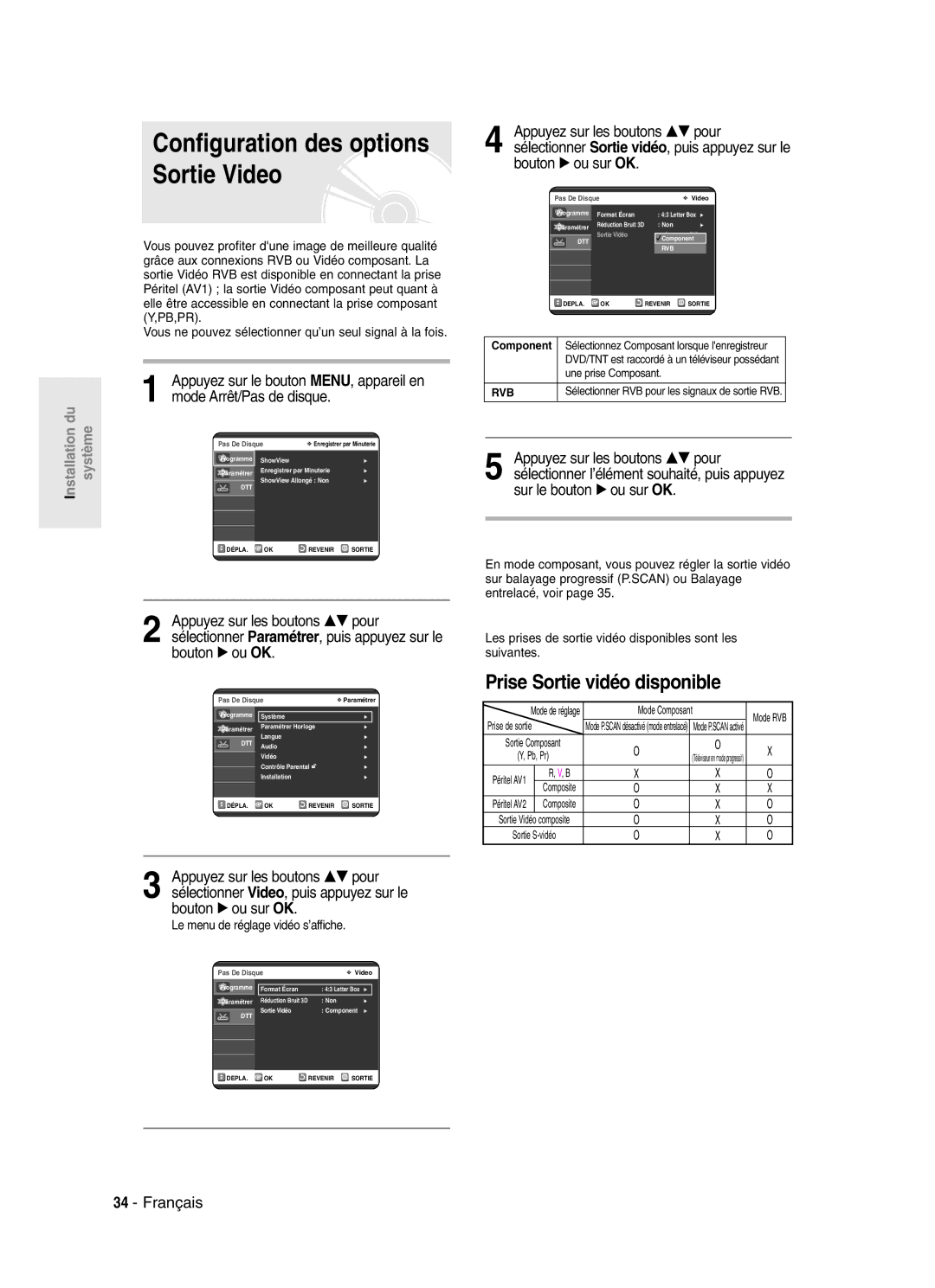 Samsung DVD-SR420/XEF Prise Sortie vidéo disponible, Appuyez sur les boutons …† pour, Le menu de réglage vidéo s’affiche 