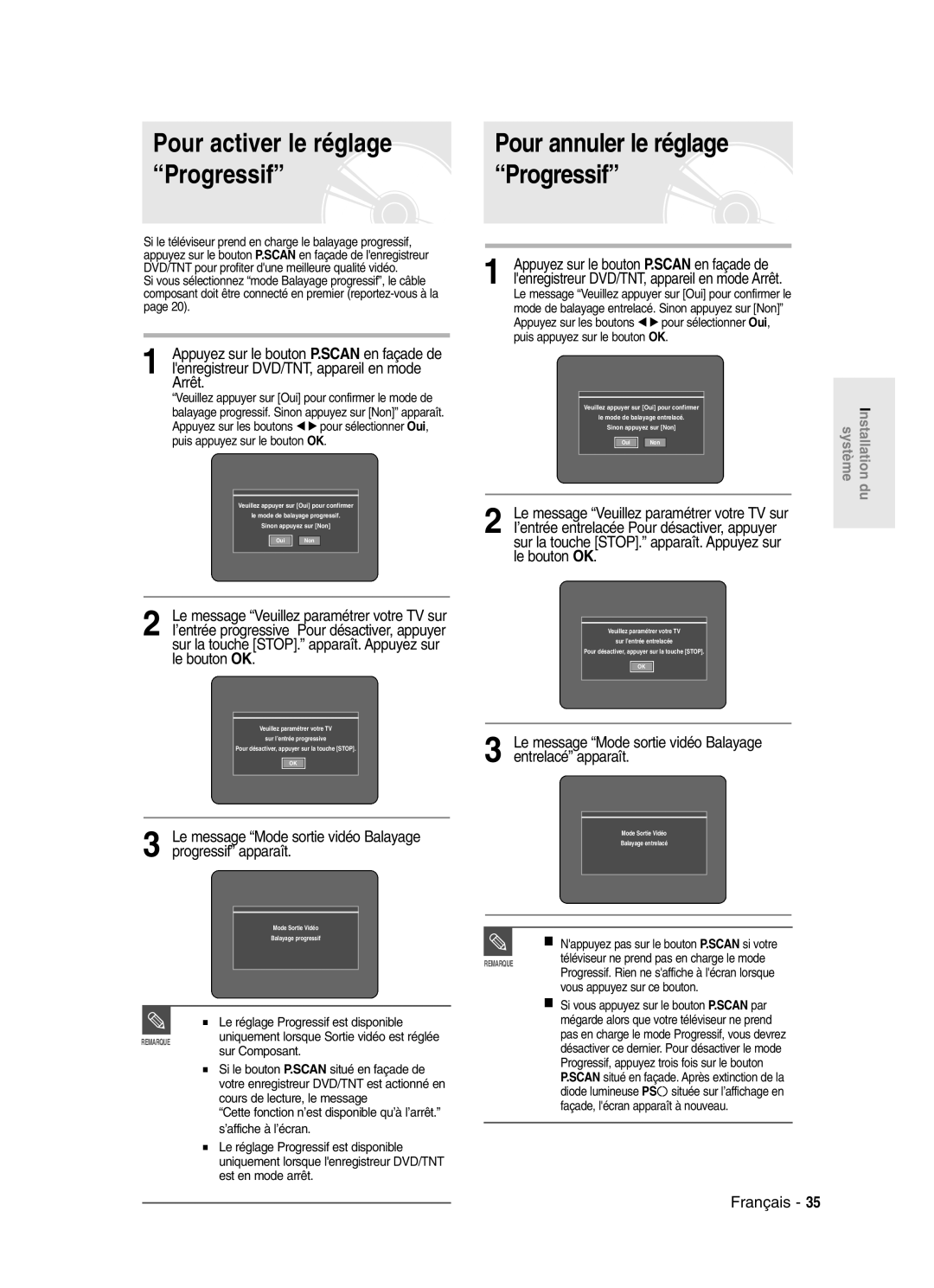 Samsung DVD-SR420/XEF manual Pour activer le réglage, Progressif, Pour annuler le réglage 