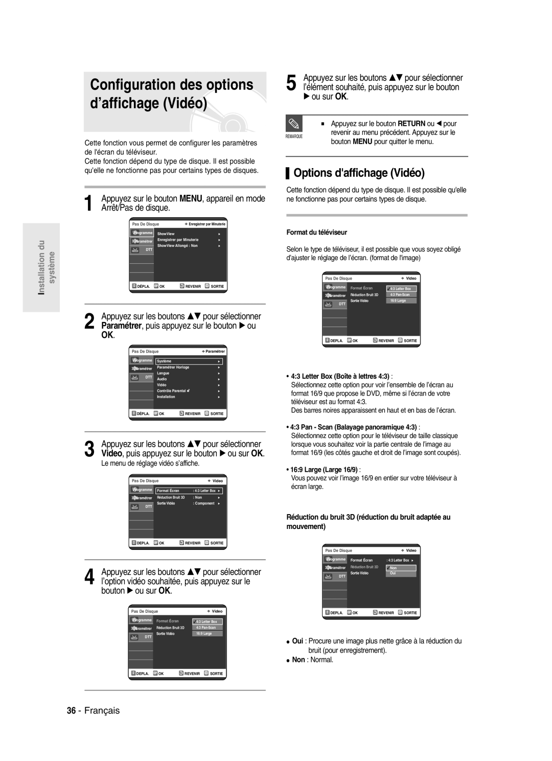 Samsung DVD-SR420/XEF manual Options daffichage Vidéo, √ ou sur OK 