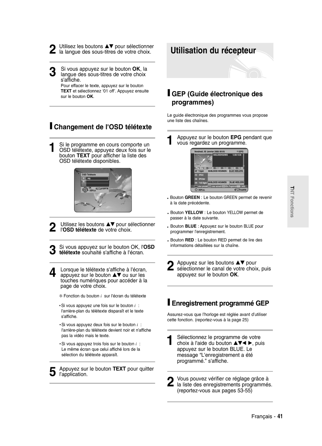 Samsung DVD-SR420/XEF manual Utilisation du récepteur, Changement de lOSD télétexte, GEP Guide électronique des programmes 