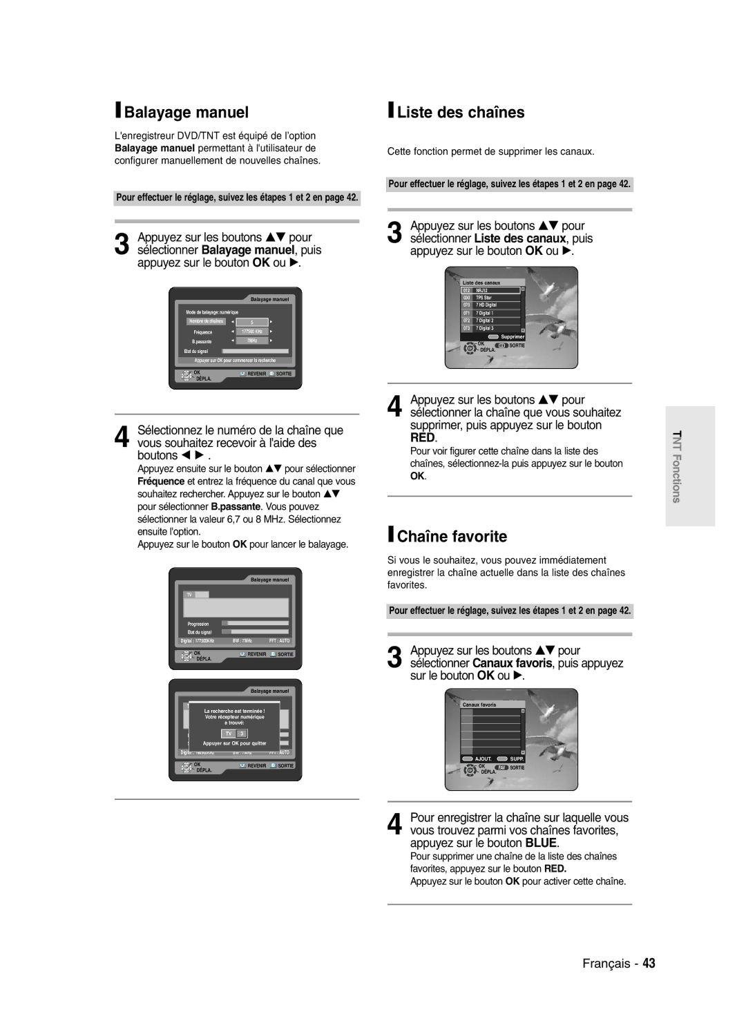 Samsung DVD-SR420/XEF manual Balayage manuel, Liste des chaînes, Chaîne favorite 