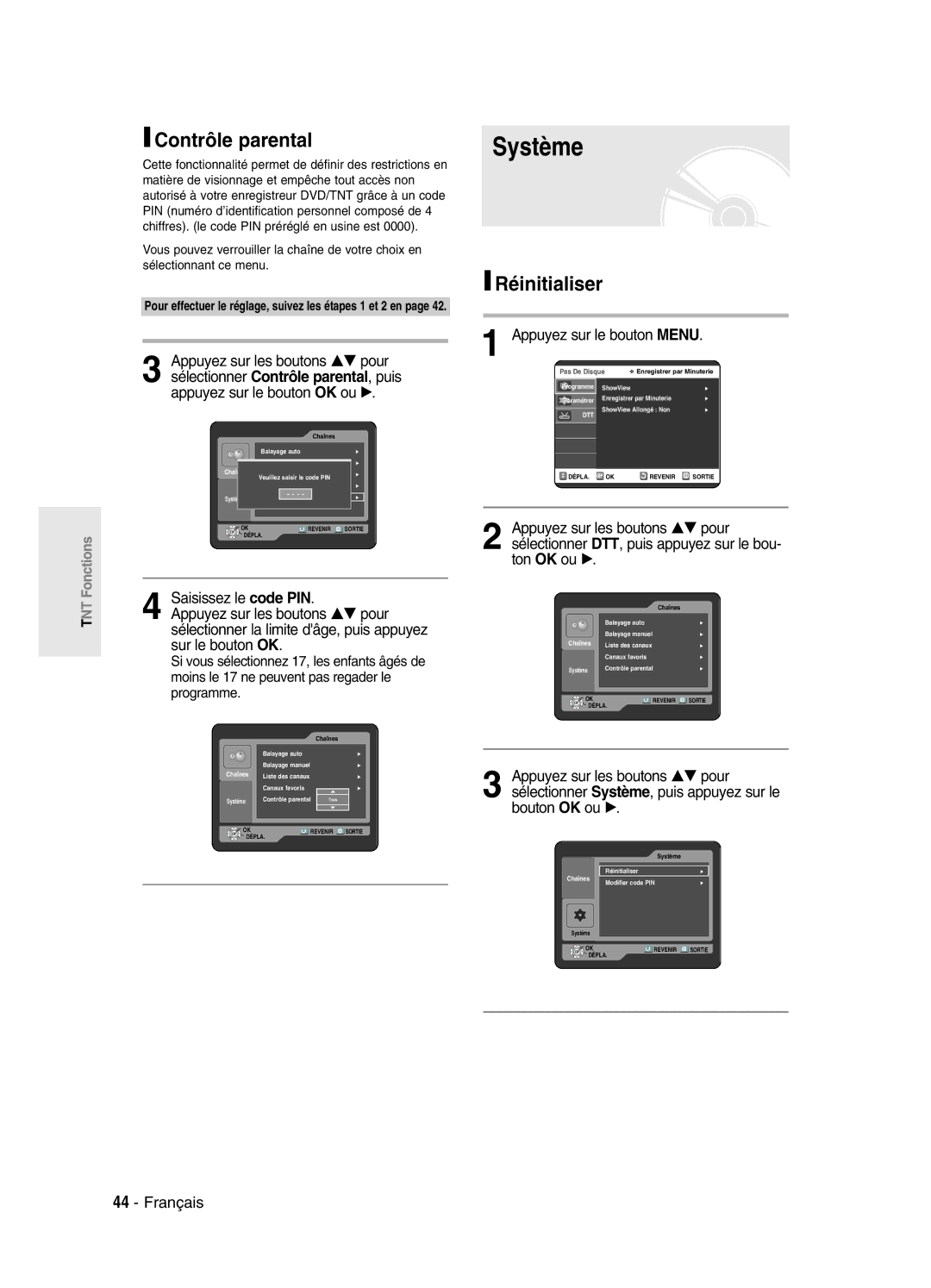 Samsung DVD-SR420/XEF manual Système, Contrôle parental, Réinitialiser 