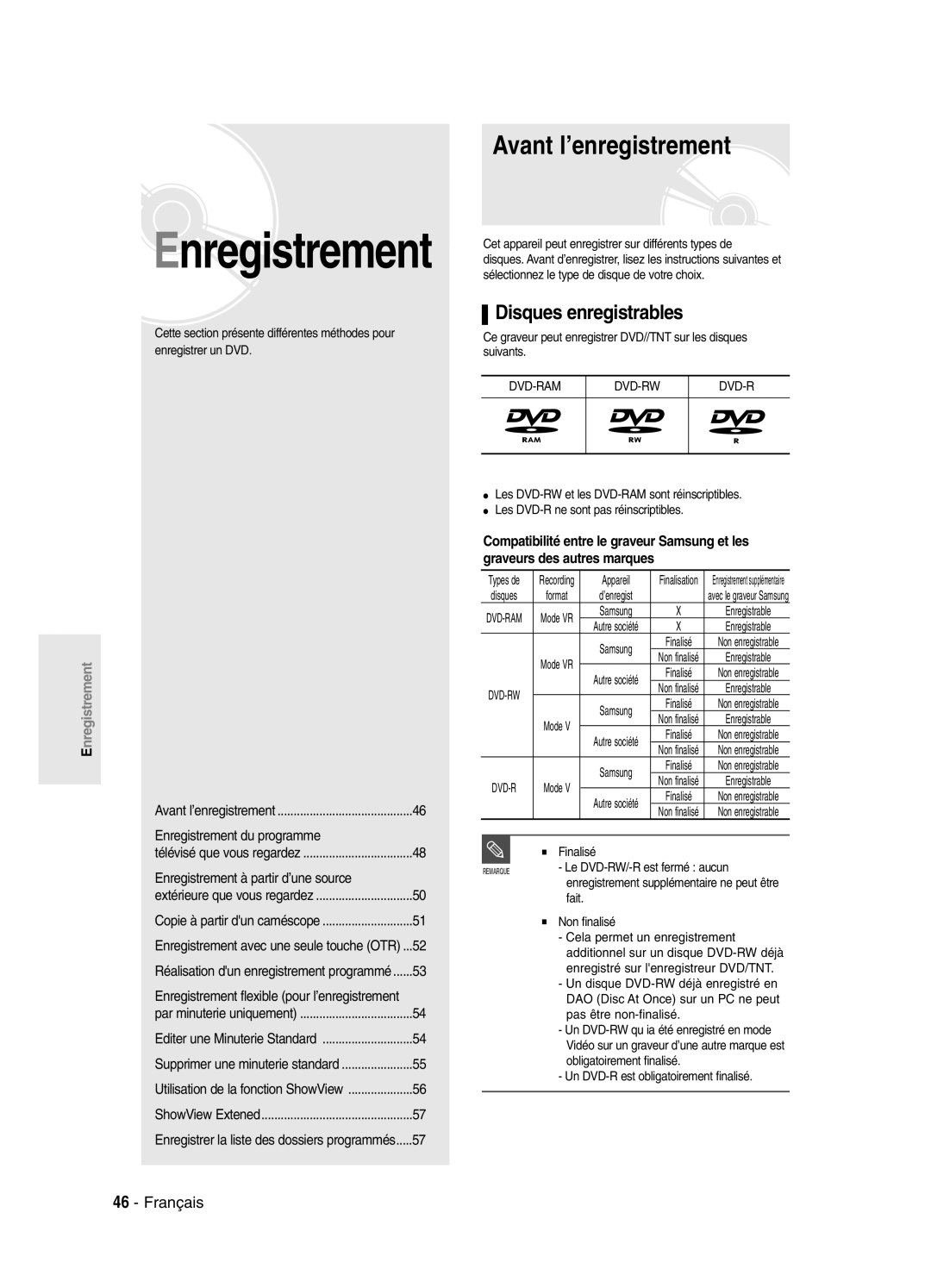 Samsung DVD-SR420/XEF manual Avant l’enregistrement, Disques enregistrables 