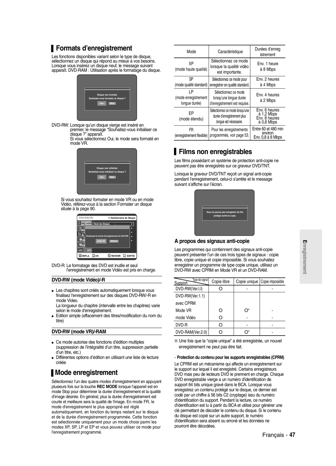 Samsung DVD-SR420/XEF manual Formats d’enregistrement, Mode enregistrement, Films non enregistrables 