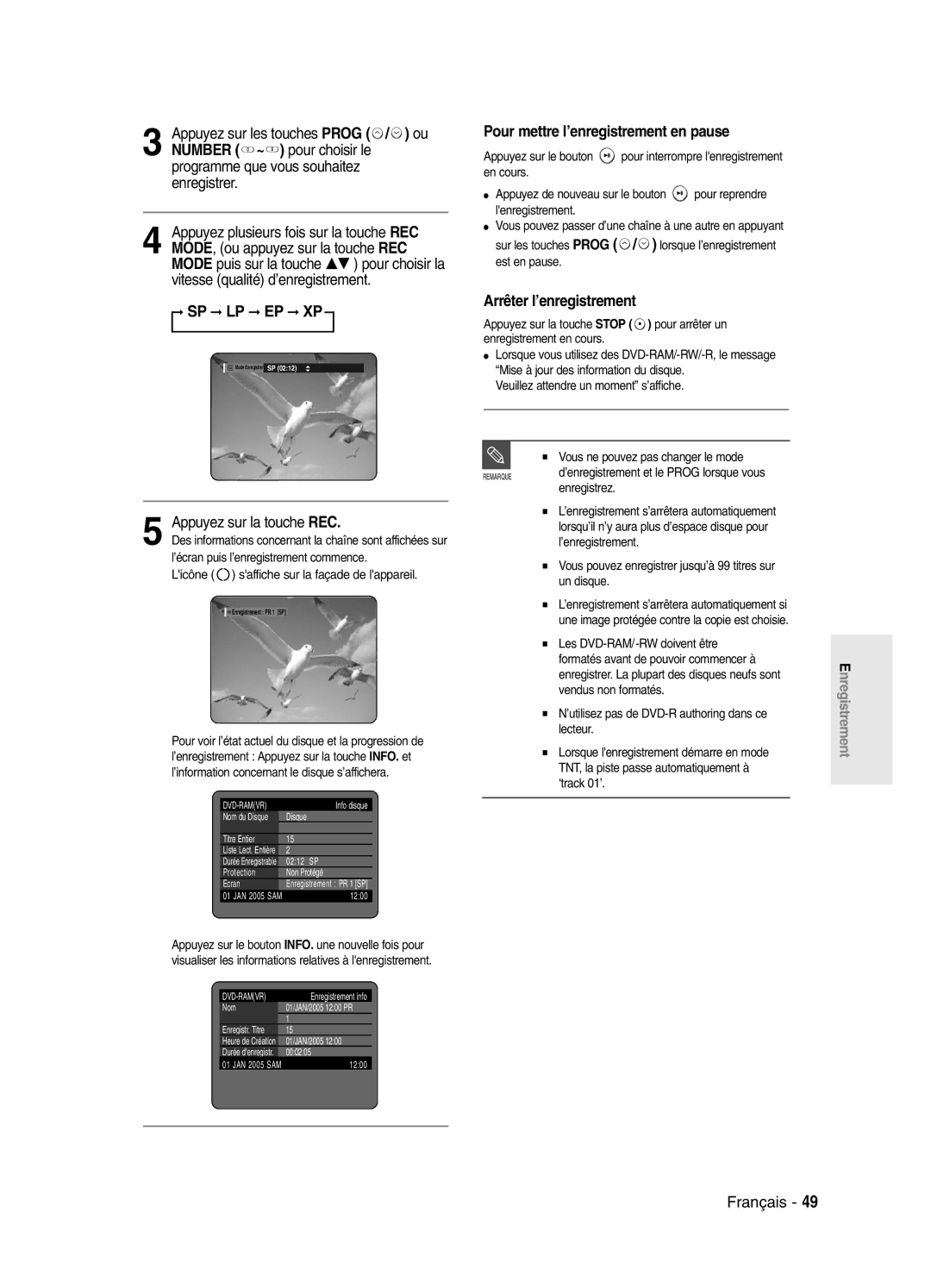 Samsung DVD-SR420/XEF manual Sp Lp Ep Xp, Pour mettre l’enregistrement en pause, Arrêter l’enregistrement 