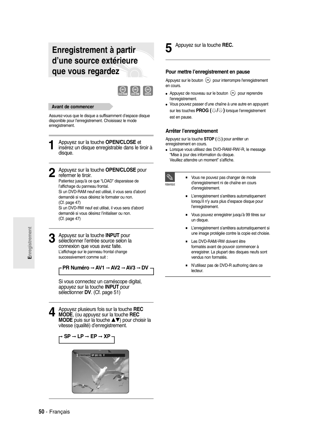 Samsung DVD-SR420/XEF manual PR Numéro AV1 AV2 AV3 DV, Cf, ’enregistrement 