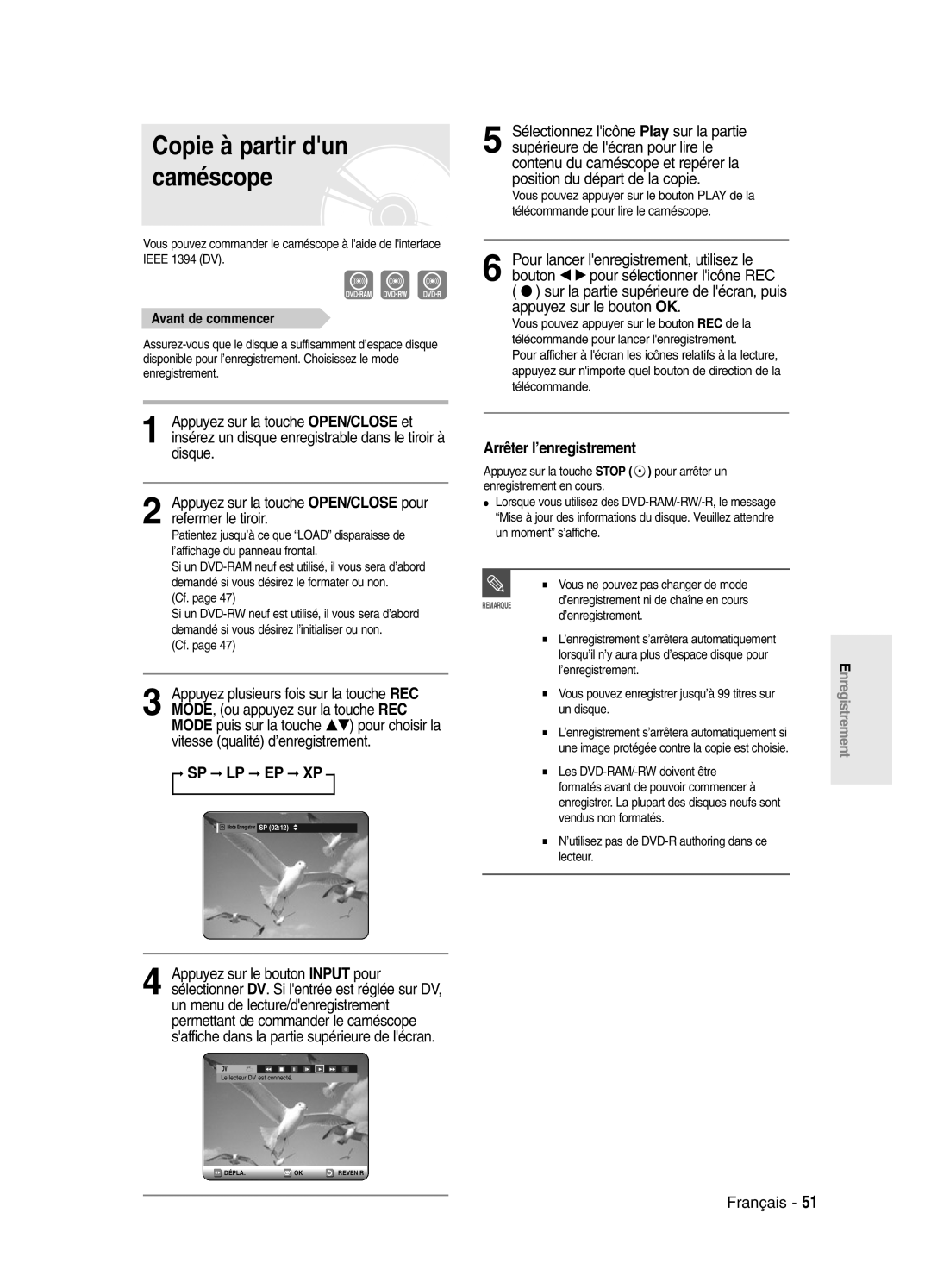 Samsung DVD-SR420/XEF manual Copie à partir dun caméscope 