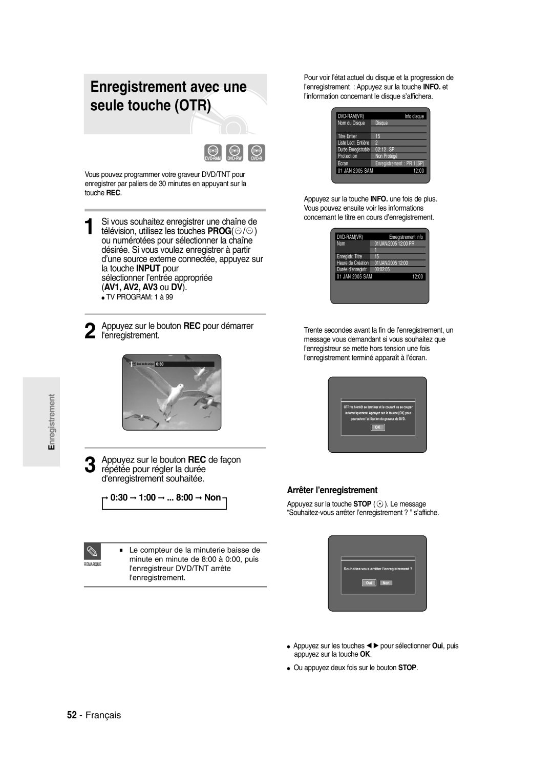 Samsung DVD-SR420/XEF Enregistrement avec une seule touche OTR, Appuyez sur le bouton REC pour démarrer lenregistrement 