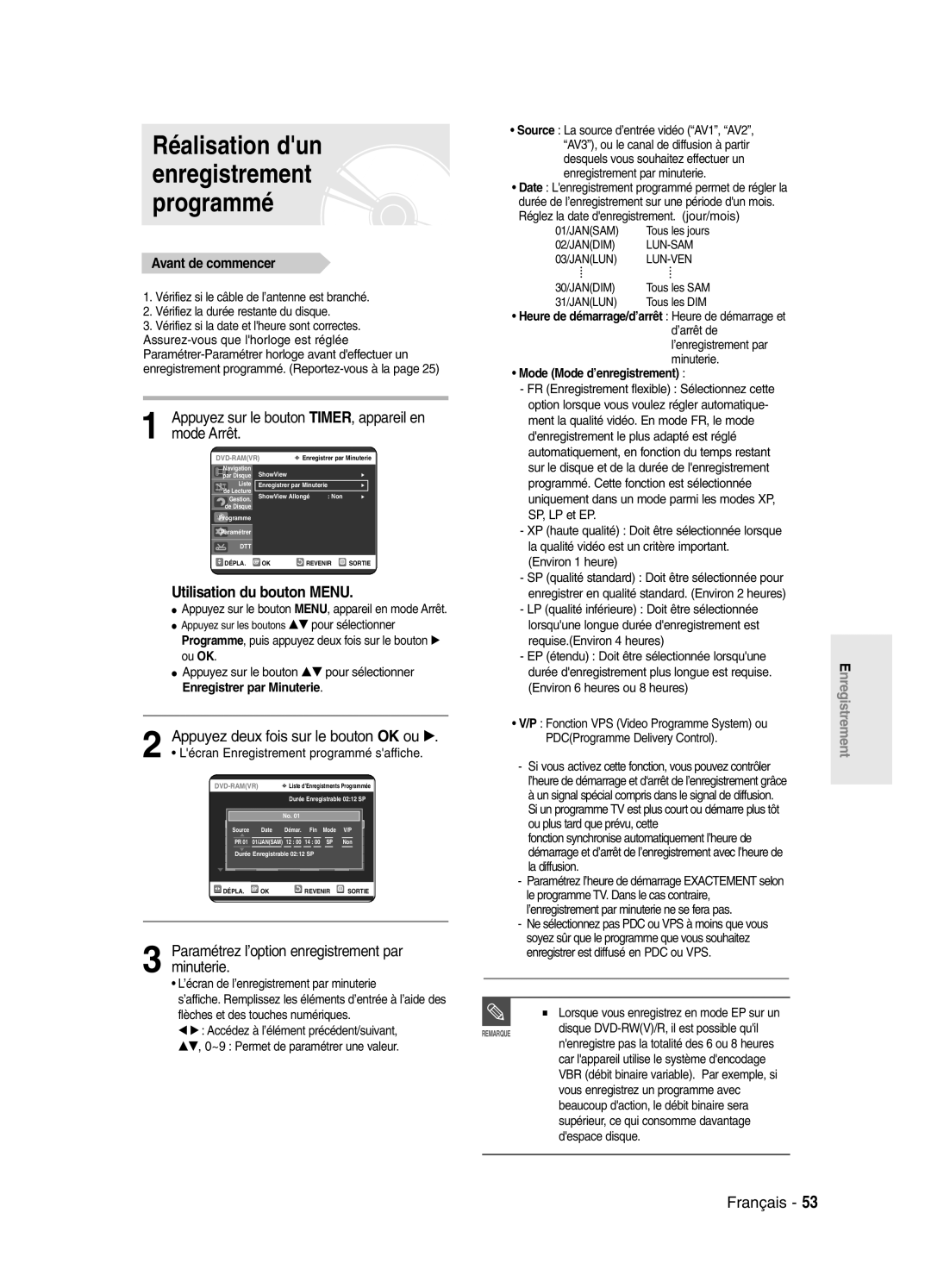 Samsung DVD-SR420/XEF manual Réalisation dun enregistrement programmé, Mode Arrêt, Utilisation du bouton Menu 