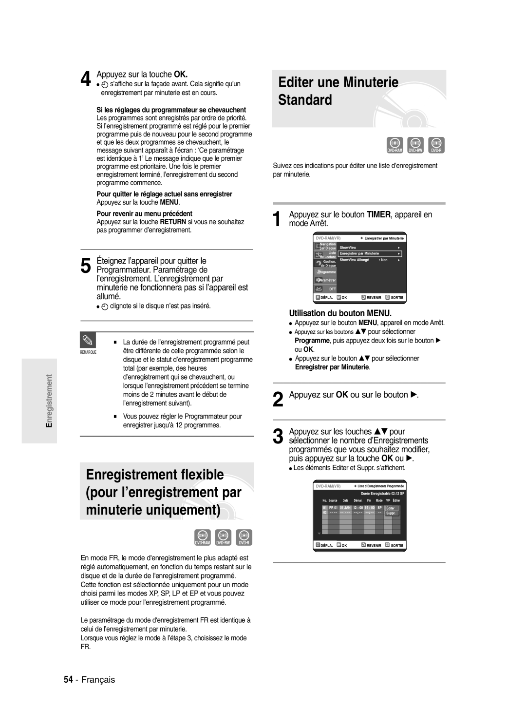 Samsung DVD-SR420/XEF manual Editer une Minuterie Standard, Appuyez sur la touche OK, Appuyez sur OK ou sur le bouton √ 