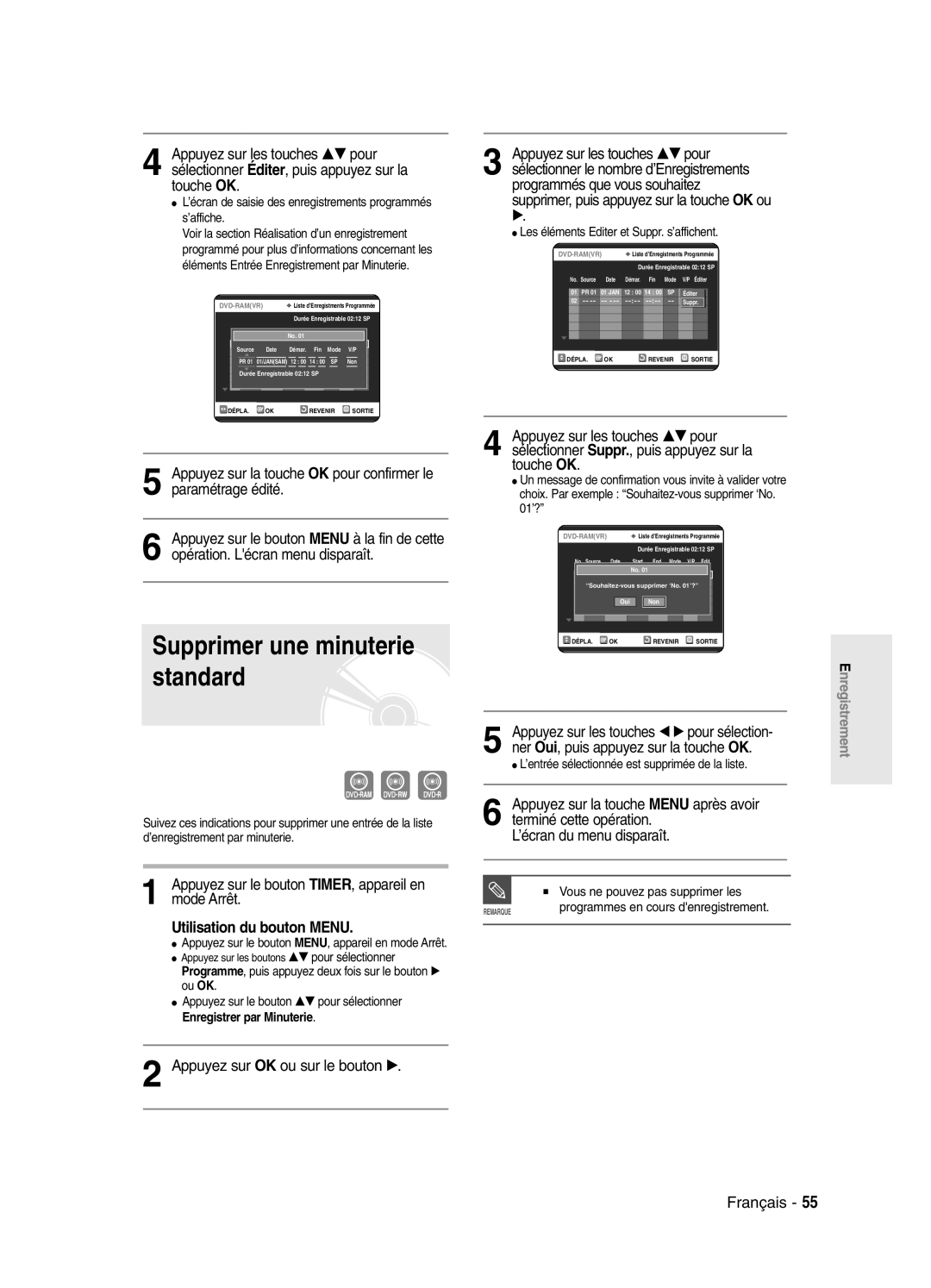 Samsung DVD-SR420/XEF manual Supprimer une minuterie standard, Appuyez sur le bouton TIMER, appareil en mode Arrêt 