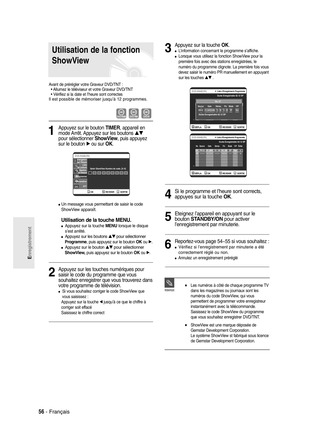 Samsung DVD-SR420/XEF Utilisation de la touche Menu, Saisir le code du programme que vous, Votre programme de télévision 