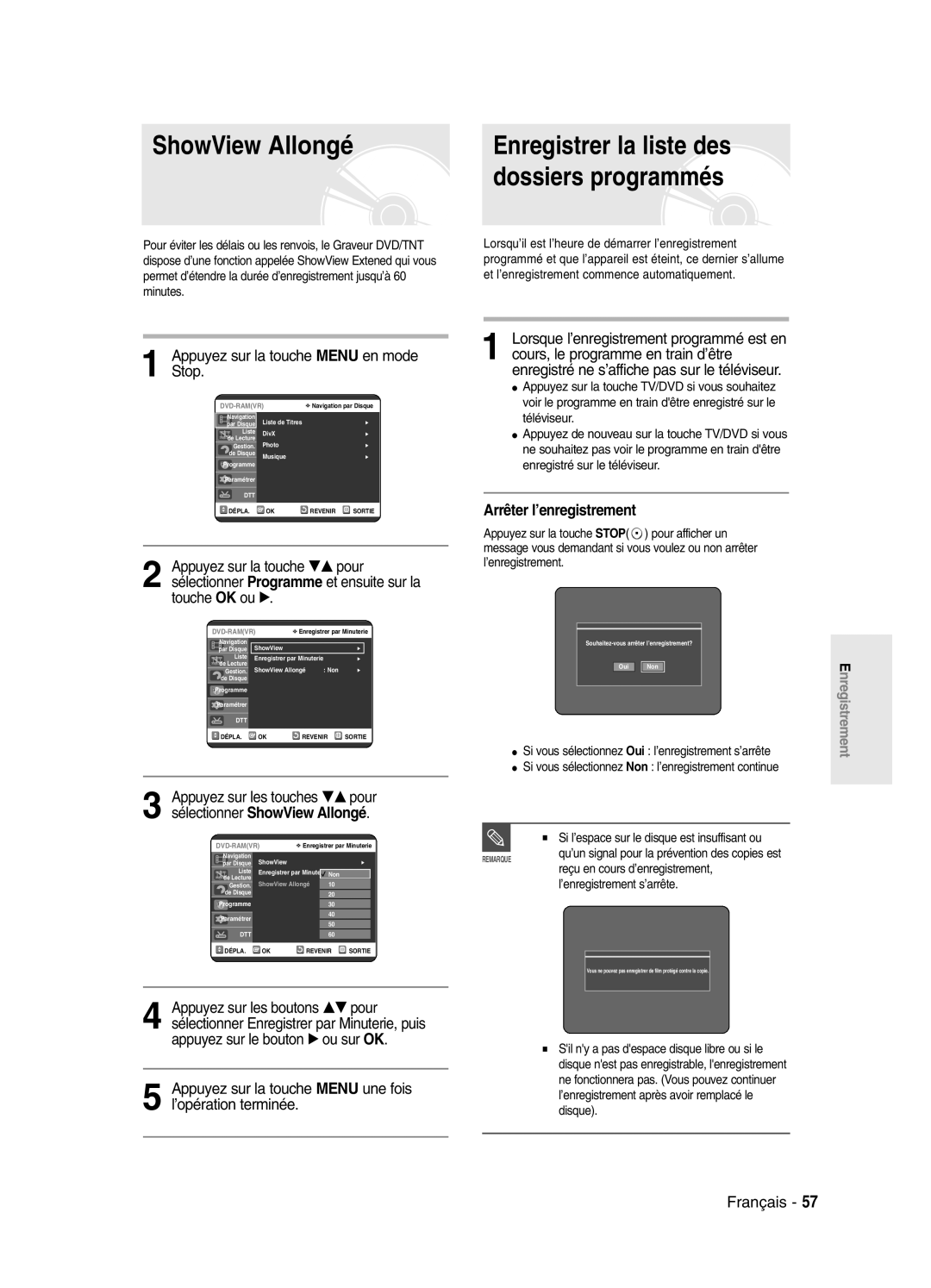 Samsung DVD-SR420/XEF Appuyez sur la touche Menu en mode Stop, Appuyez sur la touche Menu une fois l’opération terminée 