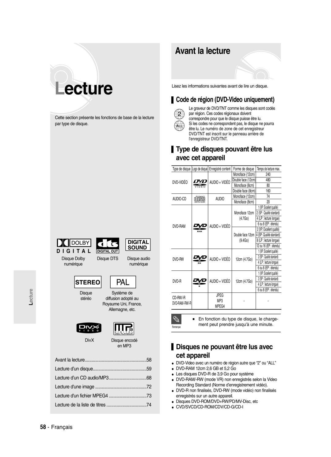 Samsung DVD-SR420/XEF manual Avant la lecture, Type de disques pouvant être lus avec cet appareil 