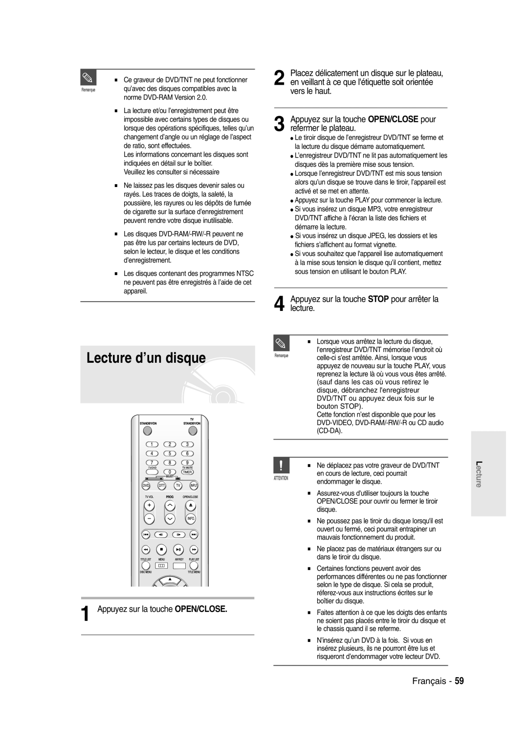 Samsung DVD-SR420/XEF manual Lecture d’un disque, Appuyez sur la touche Stop pour arrêter la lecture 