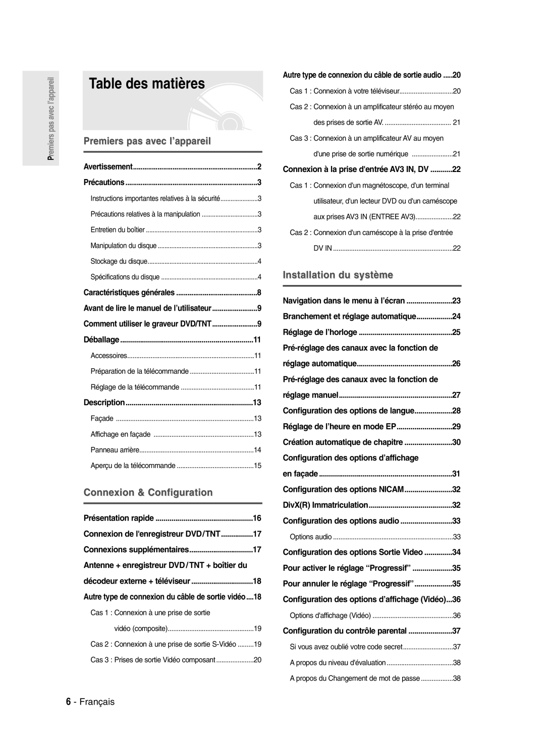 Samsung DVD-SR420/XEF manual Table des matières, Configuration des options d’affichage 