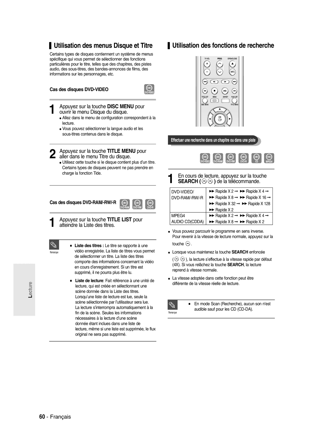 Samsung DVD-SR420/XEF manual Utilisation des fonctions de recherche, De la télécommande, Cas des disques DVD-VIDEO 