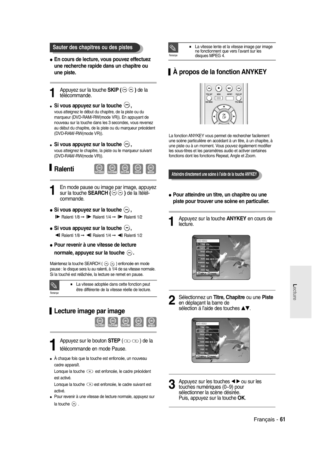 Samsung DVD-SR420/XEF Ralenti, Lecture image par image, Propos de la fonction Anykey, Sauter des chapitres ou des pistes 