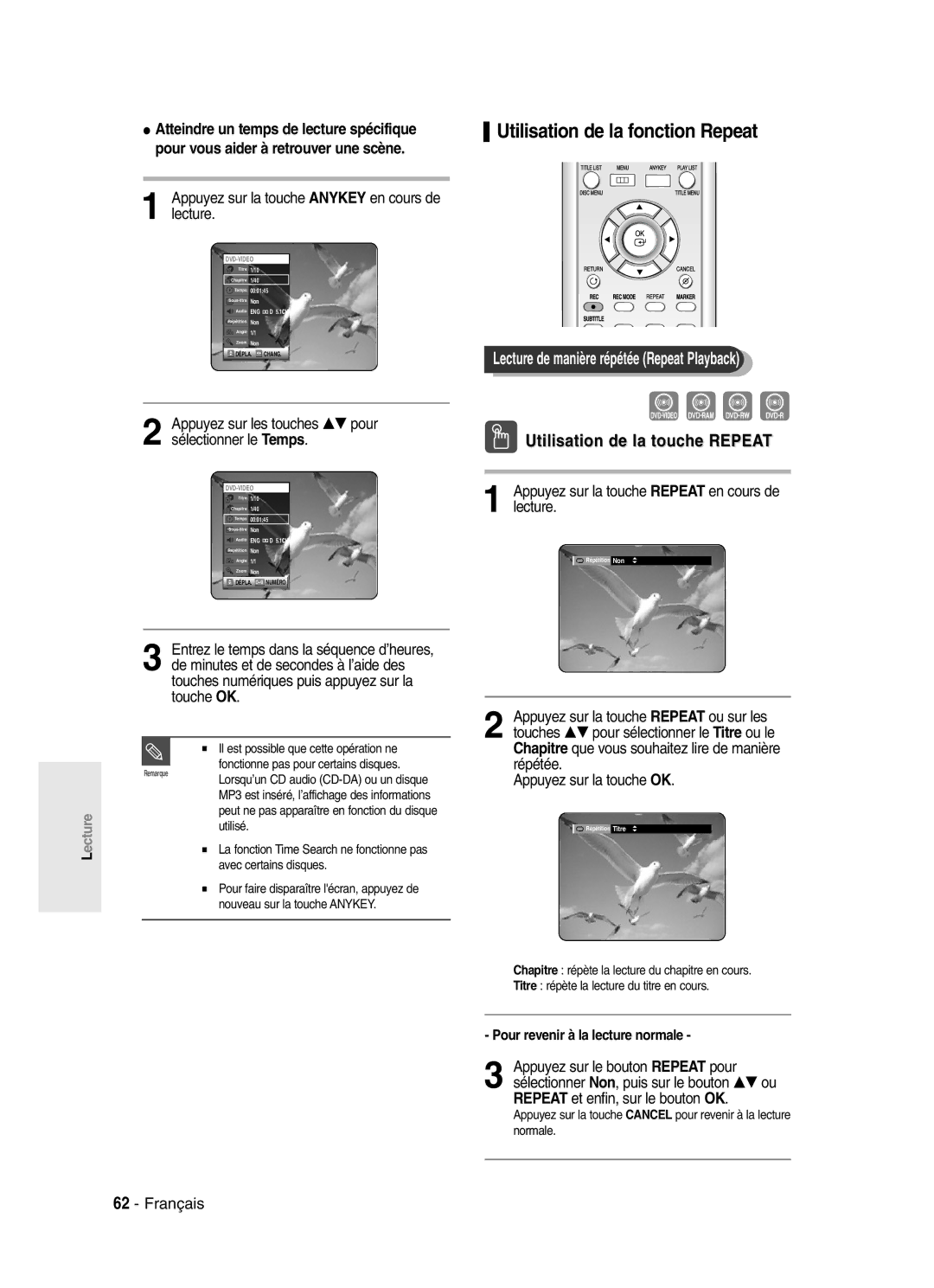 Samsung DVD-SR420/XEF manual Utilisation de la fonction Repeat, Lecture de manière répétée Repeat Playback 