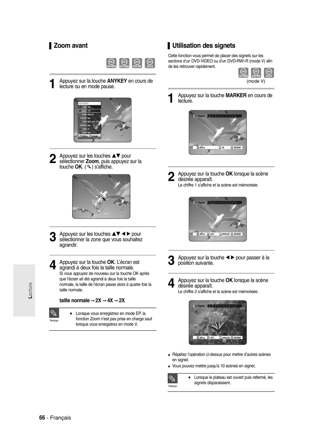 Samsung DVD-SR420/XEF manual Zoom avant, Utilisation des signets, Taille normale 2X 4X 