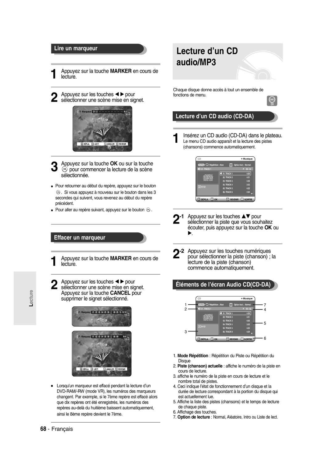 Samsung DVD-SR420/XEF manual Lecture d’un CD audio/MP3, Lire un marqueur, Effacer un marqueur, Lecture d’un CD audio CD-DA 