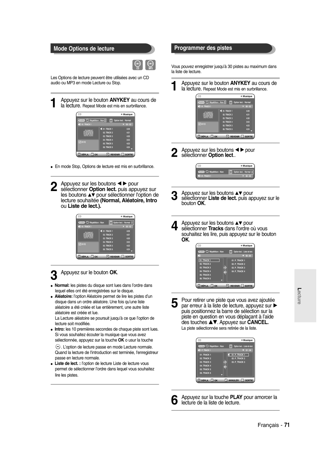 Samsung DVD-SR420/XEF manual Mode Options de lecture, Sélectionner Option lect, Appuyez sur le bouton OK 