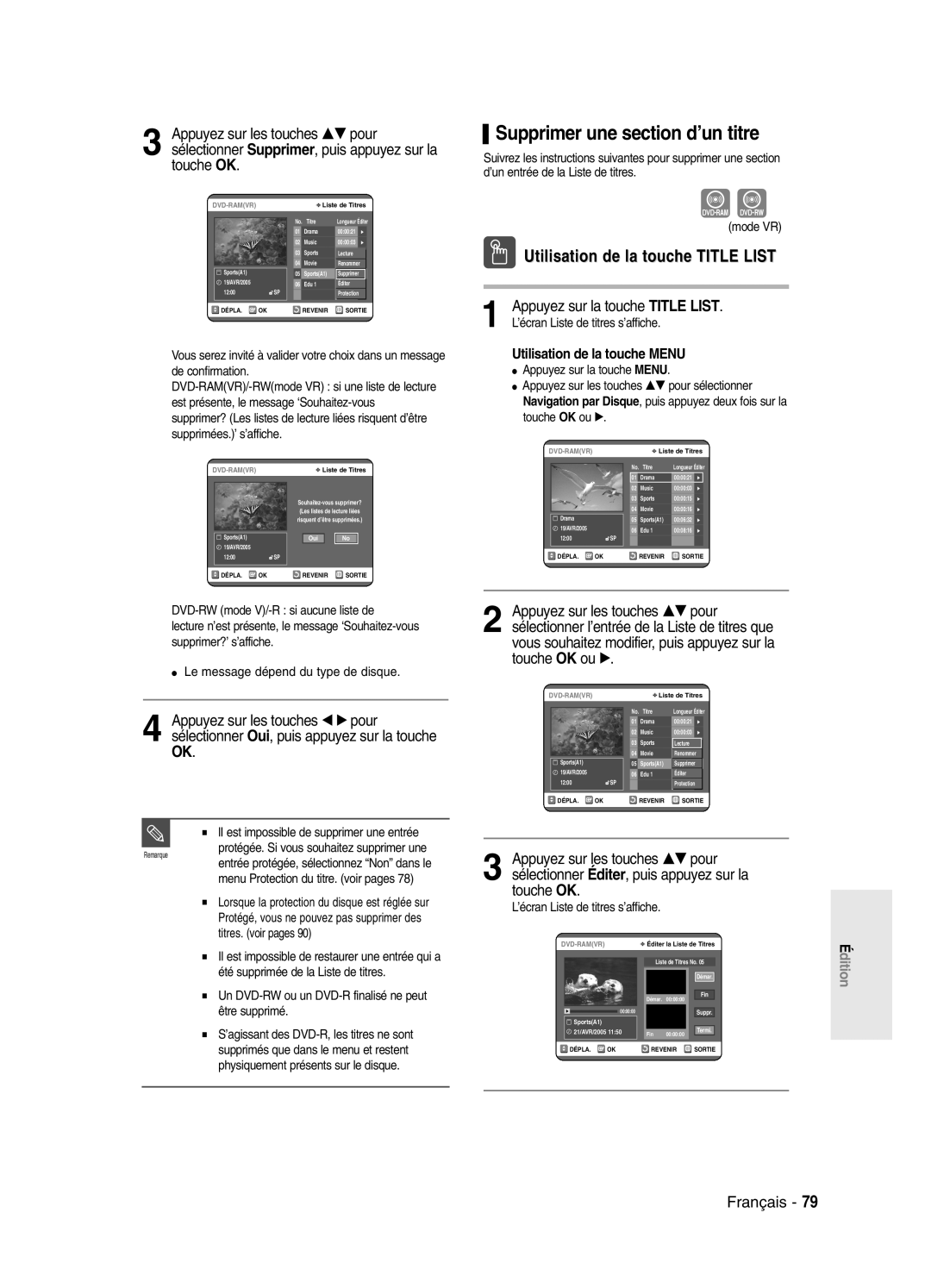 Samsung DVD-SR420/XEF manual Supprimer une section d’un titre, Un DVD-RW ou un DVD-R finalisé ne peut être supprimé 