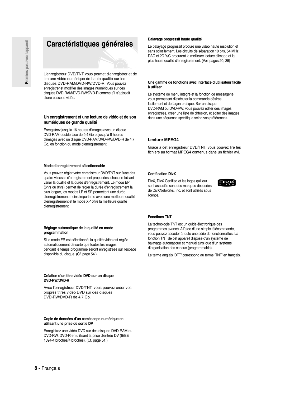 Samsung DVD-SR420/XEF manual Caractéristiques générales, Lecture MPEG4 