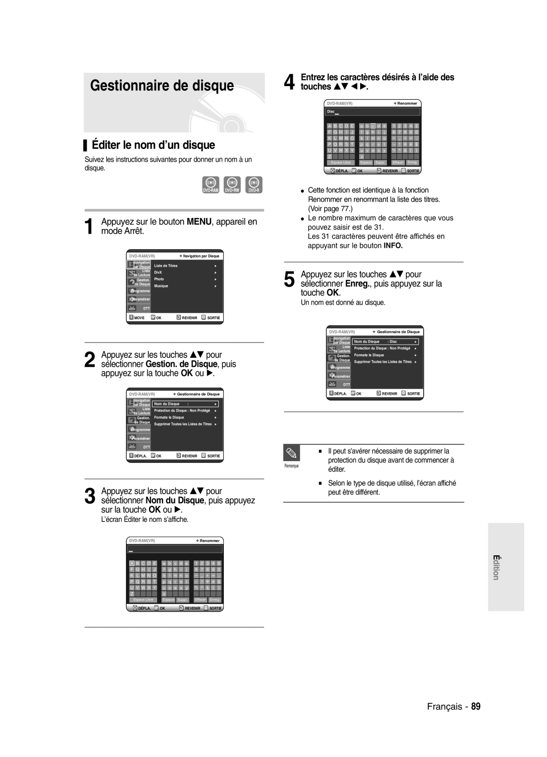 Samsung DVD-SR420/XEF manual Gestionnaire de disque, Éditer le nom d’un disque 