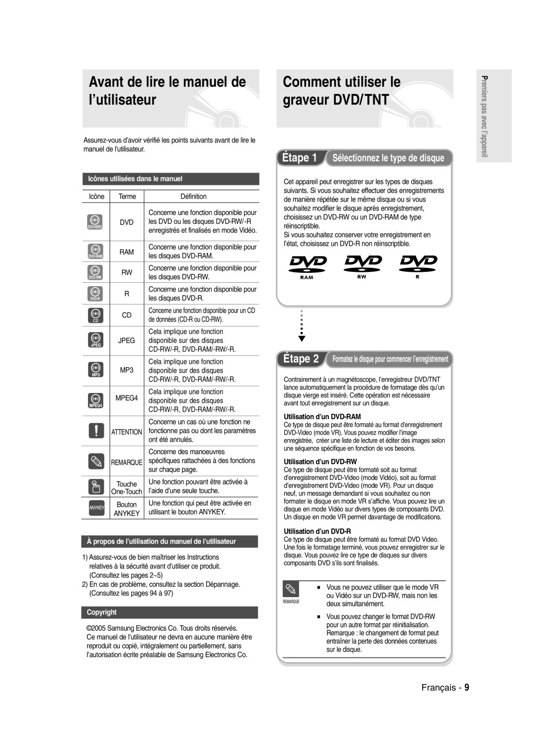 Samsung DVD-SR420/XEF manual Avant de lire le manuel de, ’utilisateur, Graveur DVD/TNT 