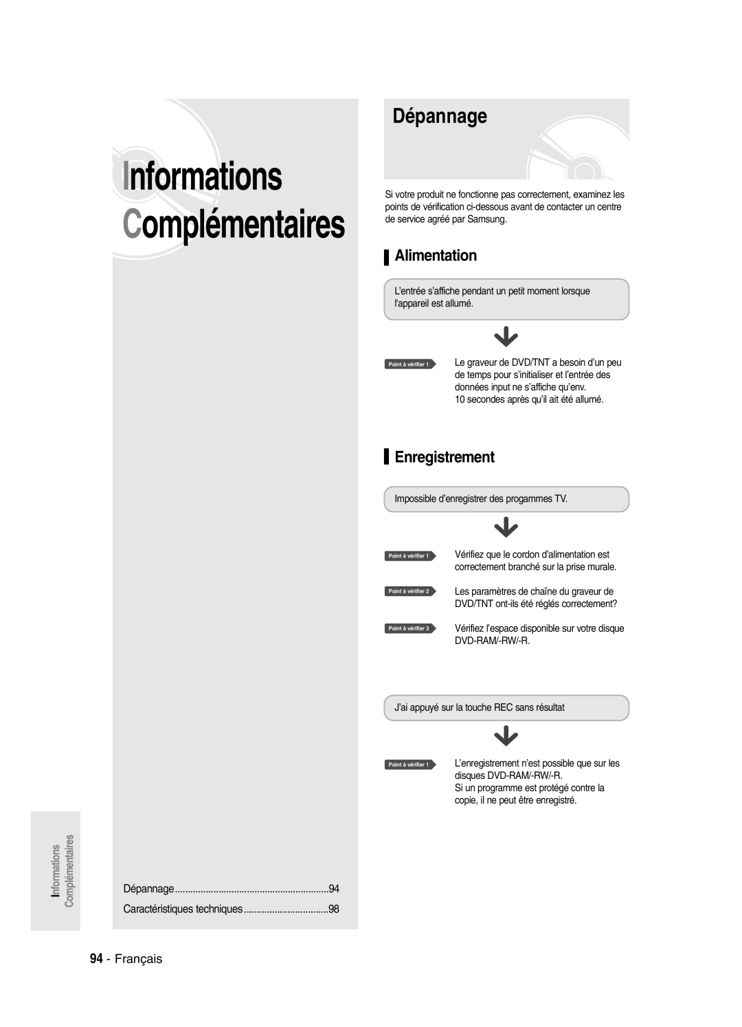 Samsung DVD-SR420/XEF manual Dépannage, Alimentation, Enregistrement 