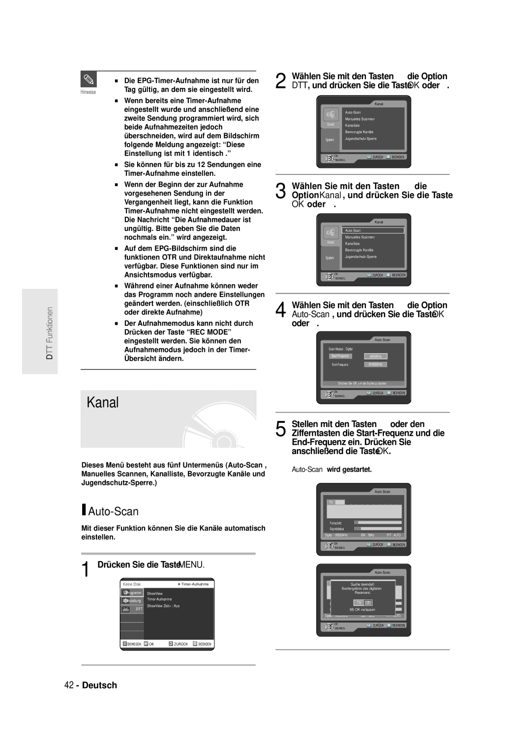 Samsung DVD-SR420/XEG manual Kanal, Auto-Scan, Drücken Sie die Taste Menu, Die EPG-Timer-Aufnahme ist nur für den 