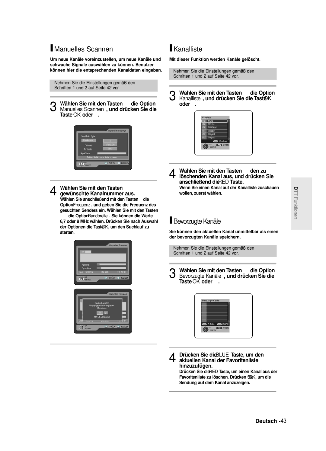 Samsung DVD-SR420/XEG manual Manuelles Scannen, Kanalliste, Bevorzugte Kanäle, Mit dieser Funktion werden Kanäle gelöscht 