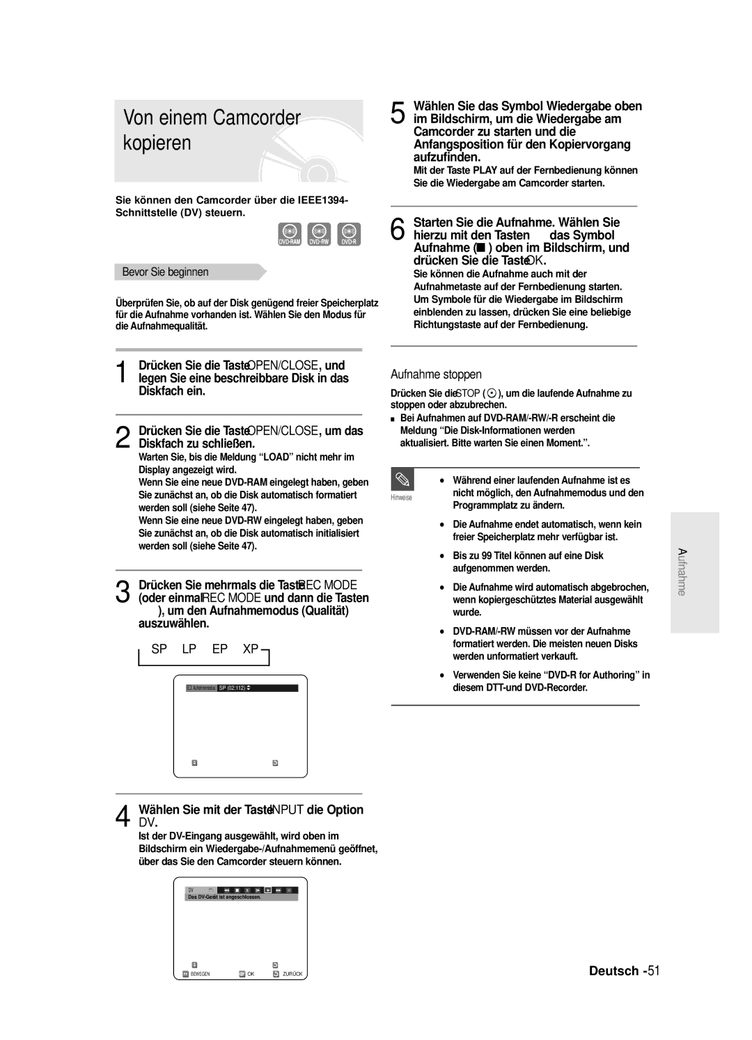 Samsung DVD-SR420/XEG manual Von einem Camcorder kopieren, Wählen Sie mit der Taste Input die Option DV 