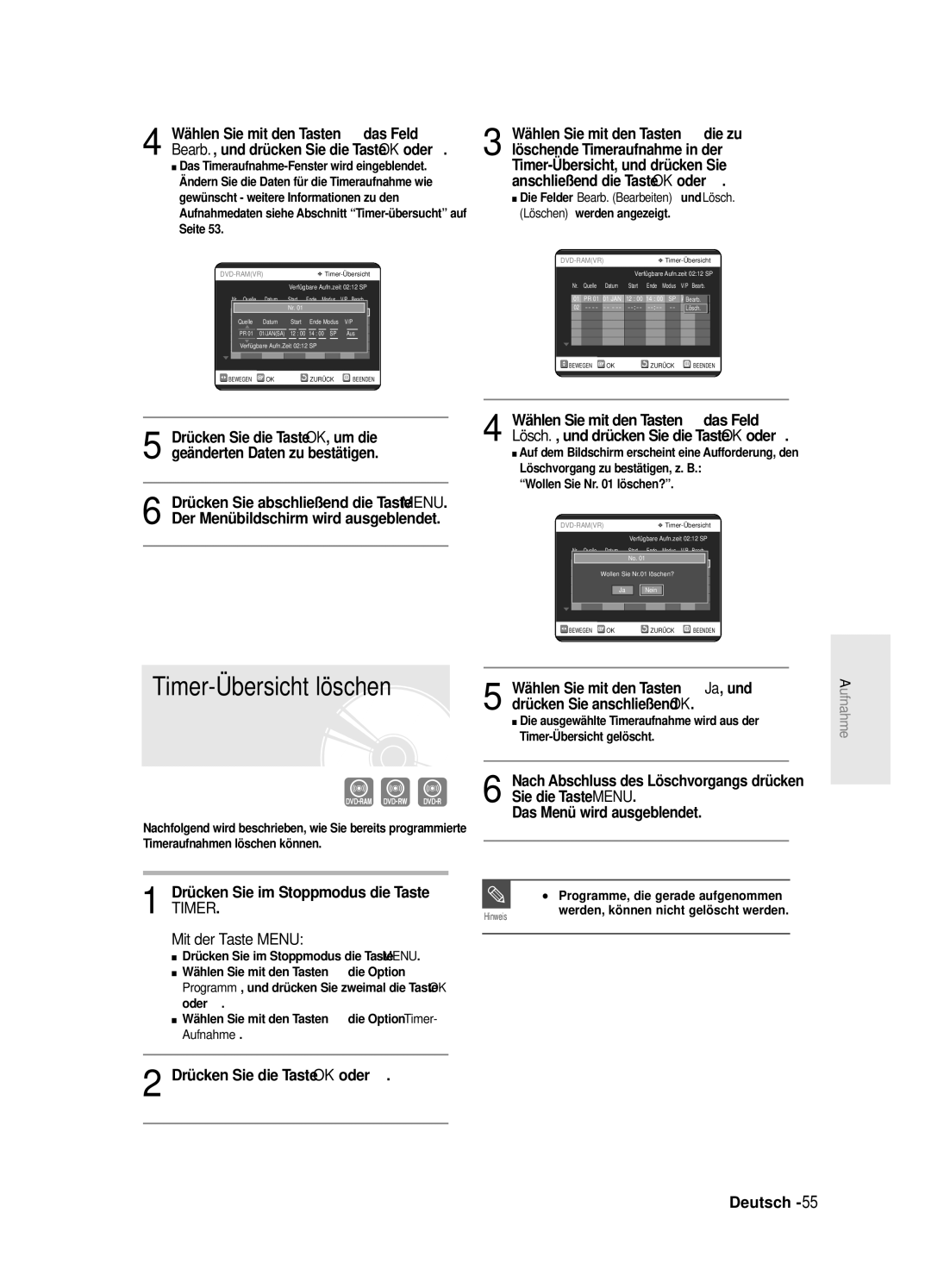 Samsung DVD-SR420/XEG manual Timer-Übersicht löschen, Wollen Sie Nr löschen? 