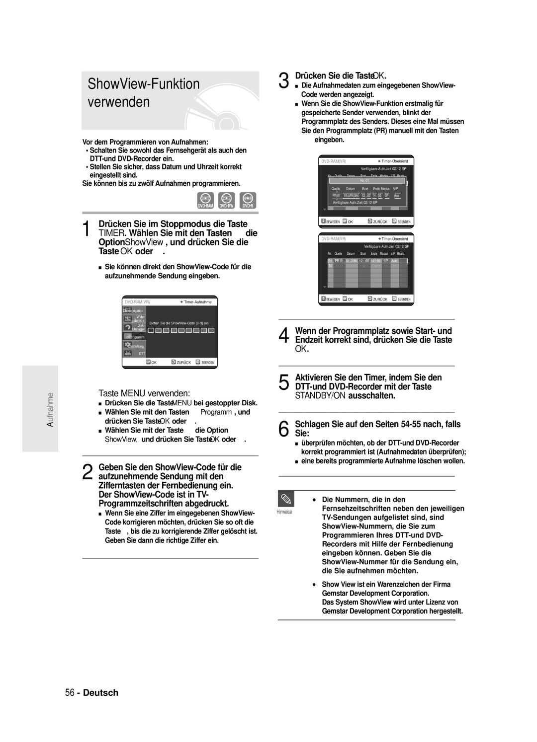 Samsung DVD-SR420/XEG manual Option ShowView, und drücken Sie die, Taste OK oder √, Taste Menu verwenden 