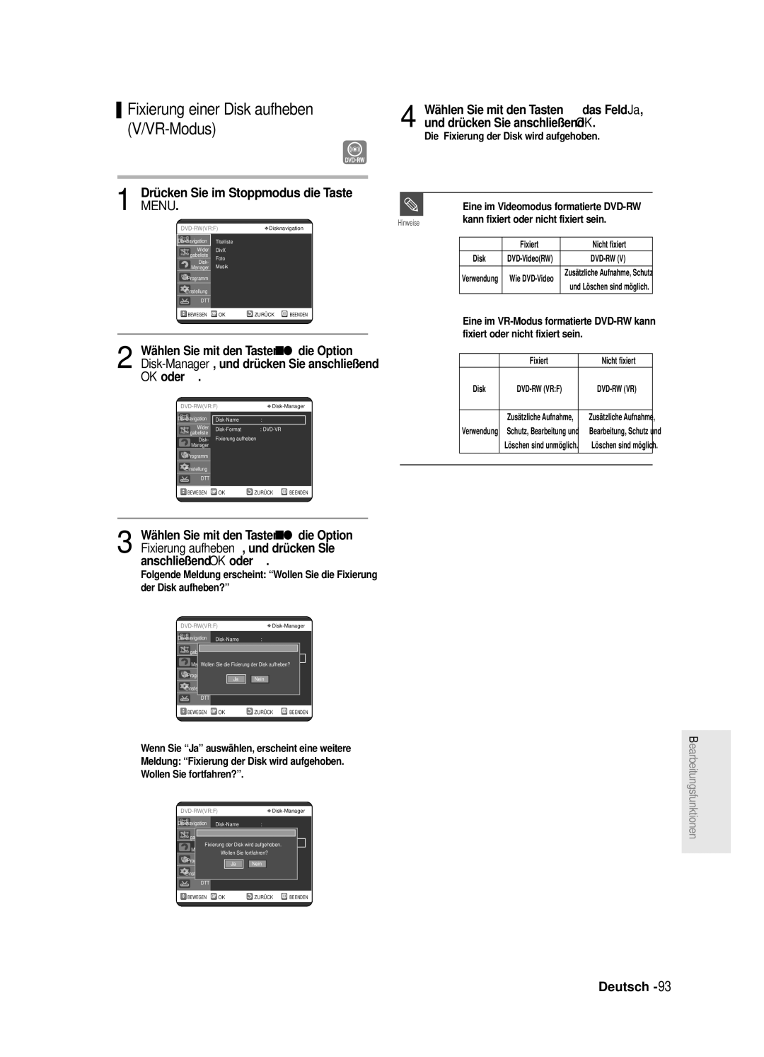 Samsung DVD-SR420/XEG manual Fixierung einer Disk aufheben V/VR-Modus, Die Fixierung der Disk wird aufgehoben 