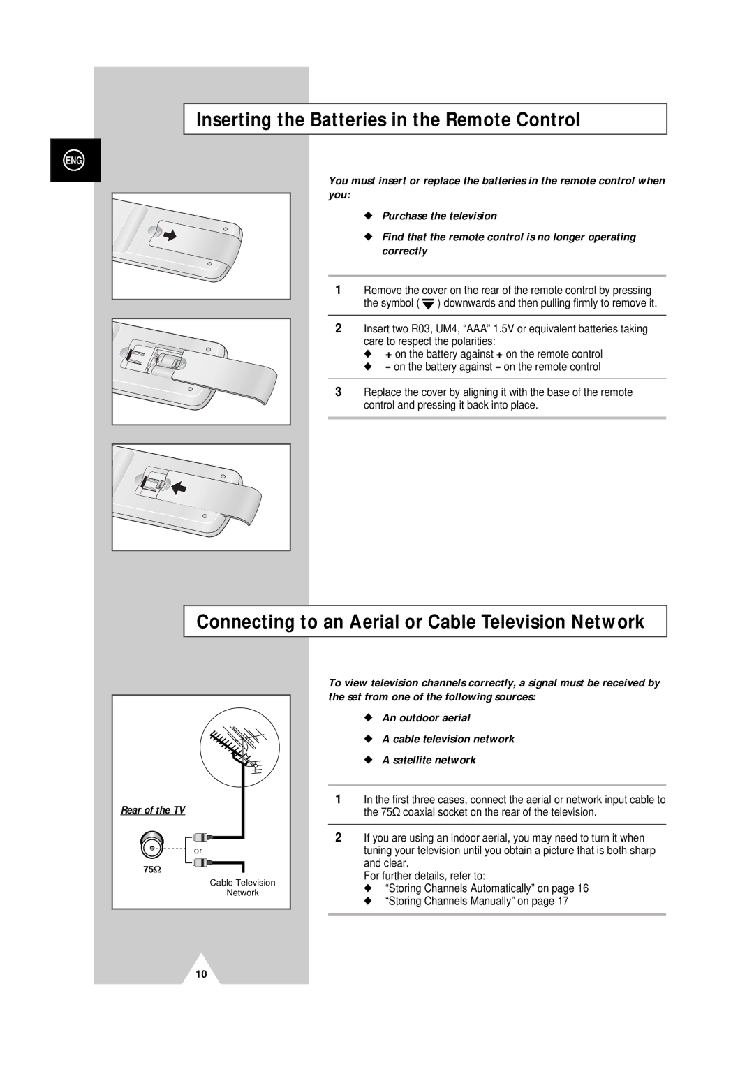 Samsung DVD Television Inserting the Batteries in the Remote Control, Connecting to an Aerial or Cable Television Network 