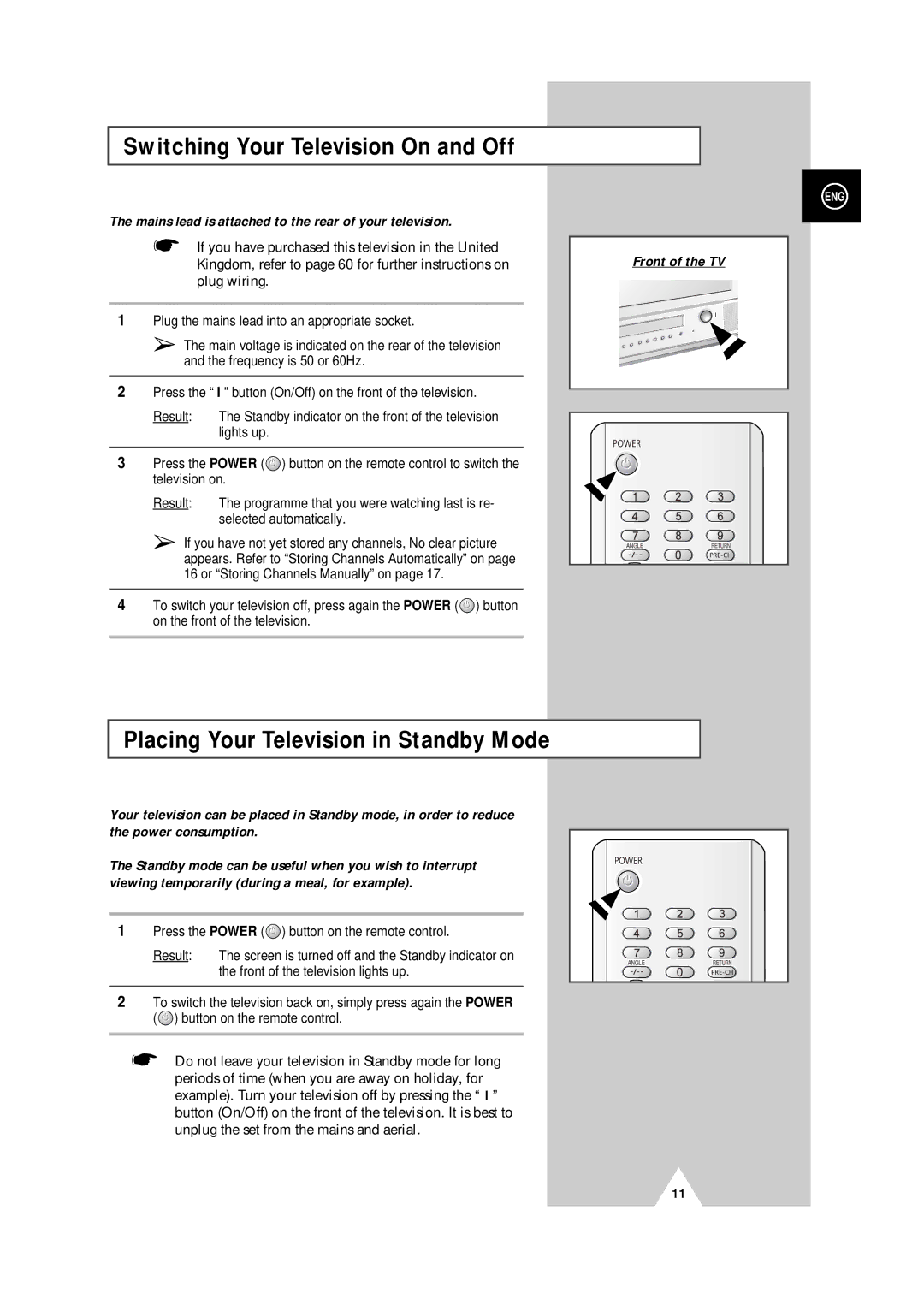 Samsung DVD Television Switching Your Television On and Off, Placing Your Television in Standby Mode, Front of the TV 