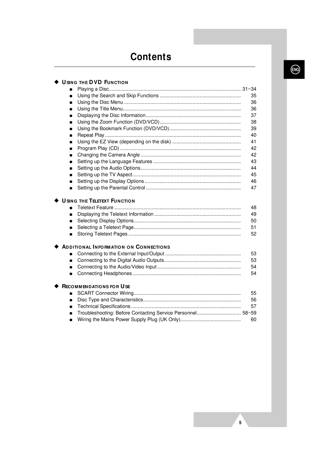 Samsung DVD Television manual Contents 