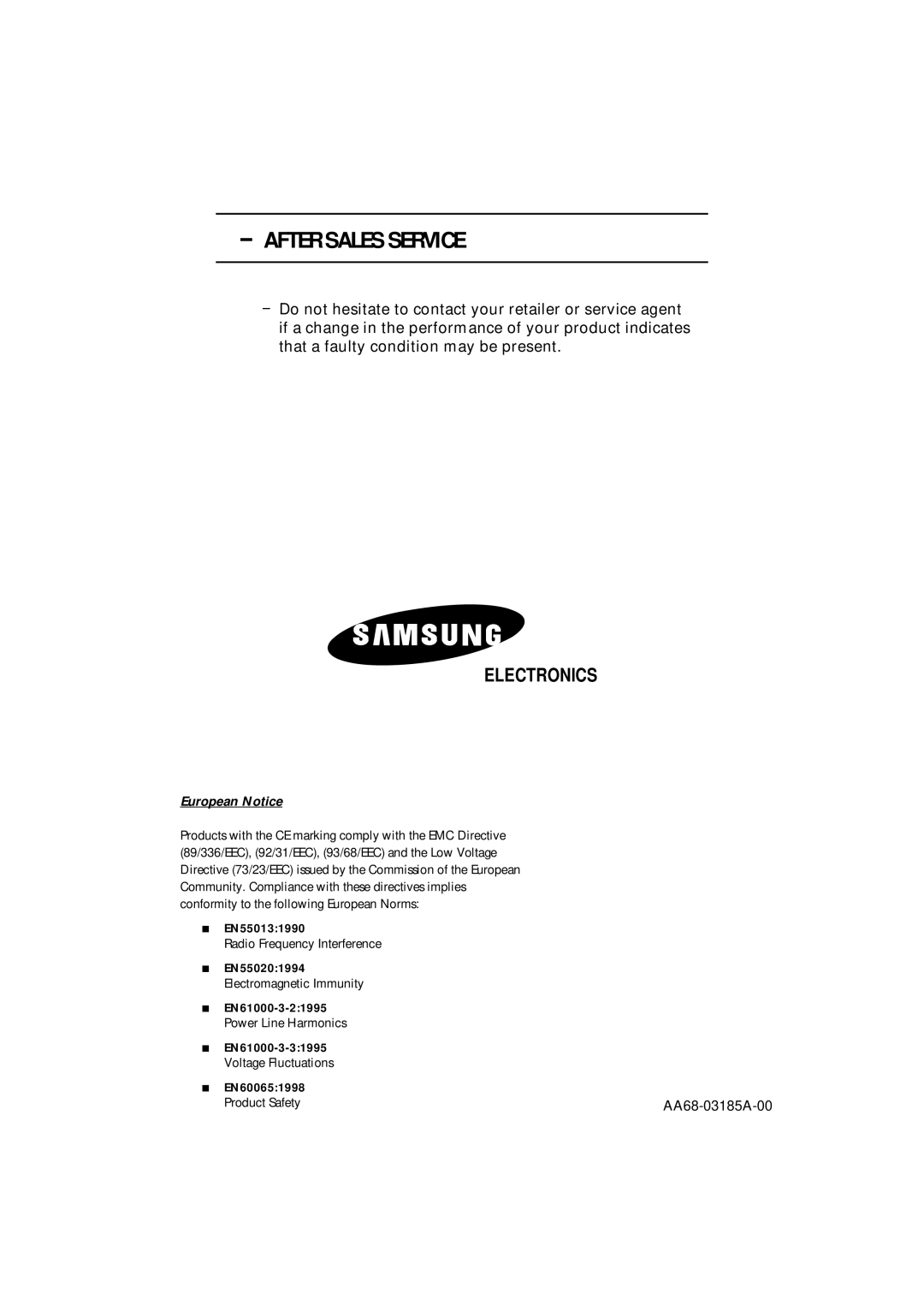 Samsung DVD Television manual After Sales Service, European Notice 